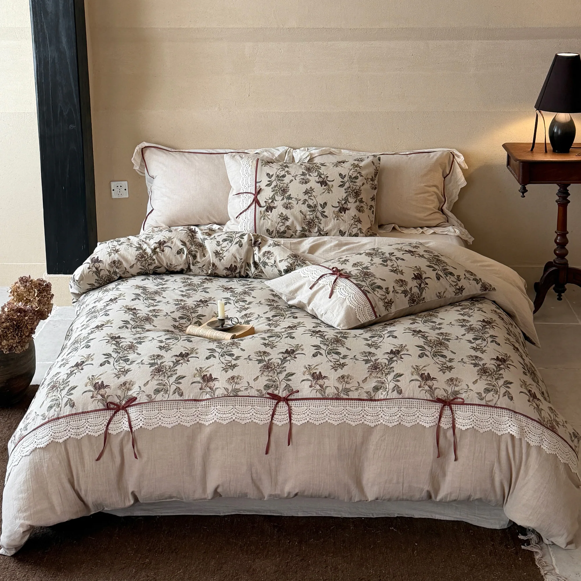 Rustic Country Botanical Floral Lace Hem Natural Cotton Linen Bedding Set01