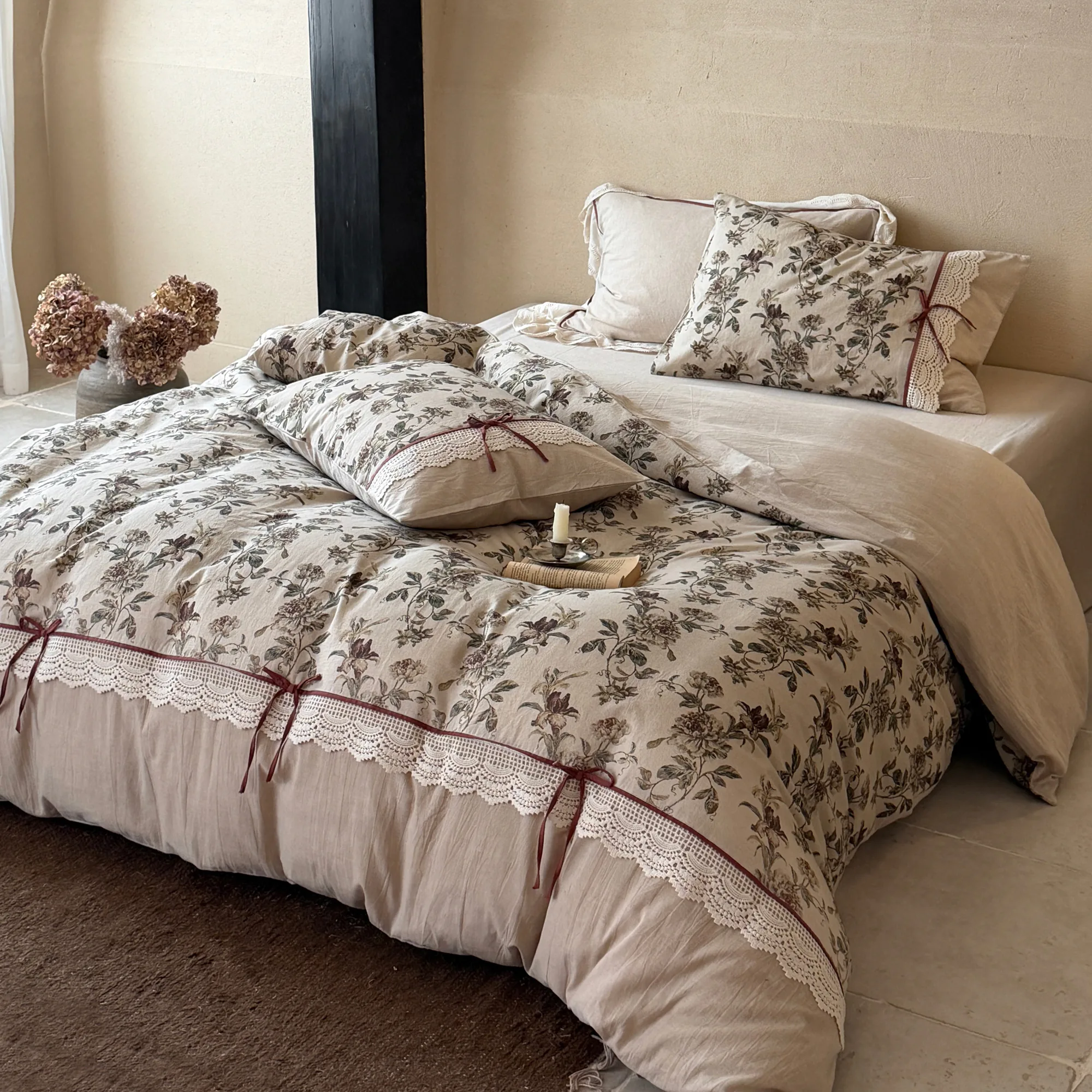 Rustic Country Botanical Floral Lace Hem Natural Cotton Linen Bedding Set02