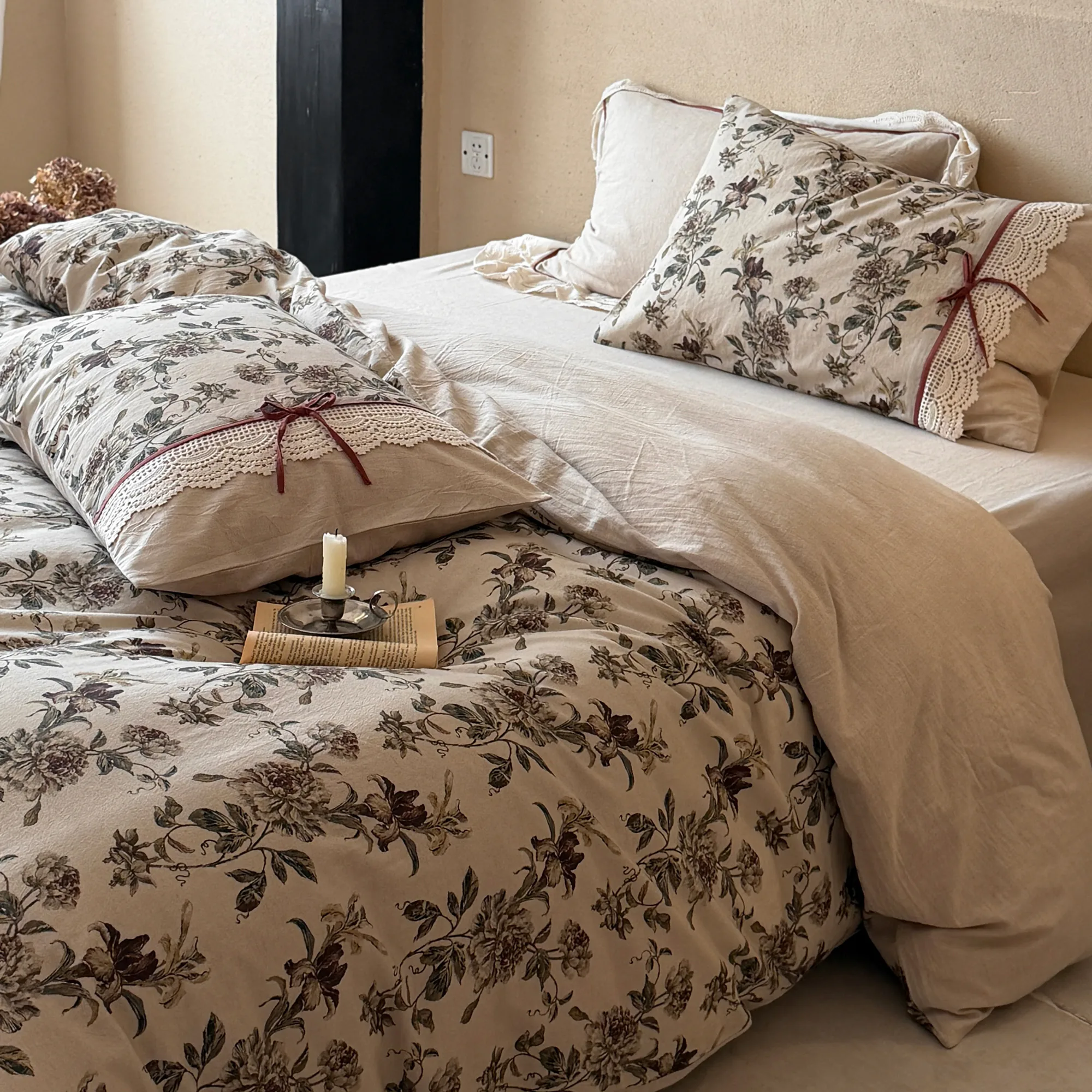Rustic Country Botanical Floral Lace Hem Natural Cotton Linen Bedding Set03 Rustic Country Botanical Floral Lace Hem Natural Cotton Linen Bedding Set03