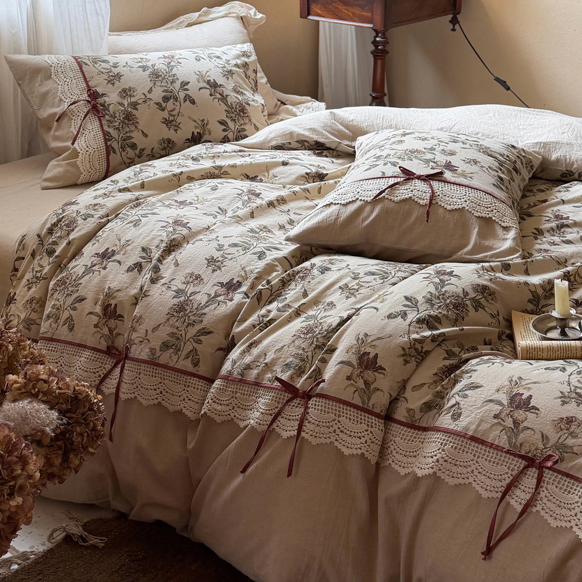 Rustic Country Botanical Floral Lace Hem Natural Cotton Linen Bedding Set04 Rustic Country Botanical Floral Lace Hem Natural Cotton Linen Bedding Set04