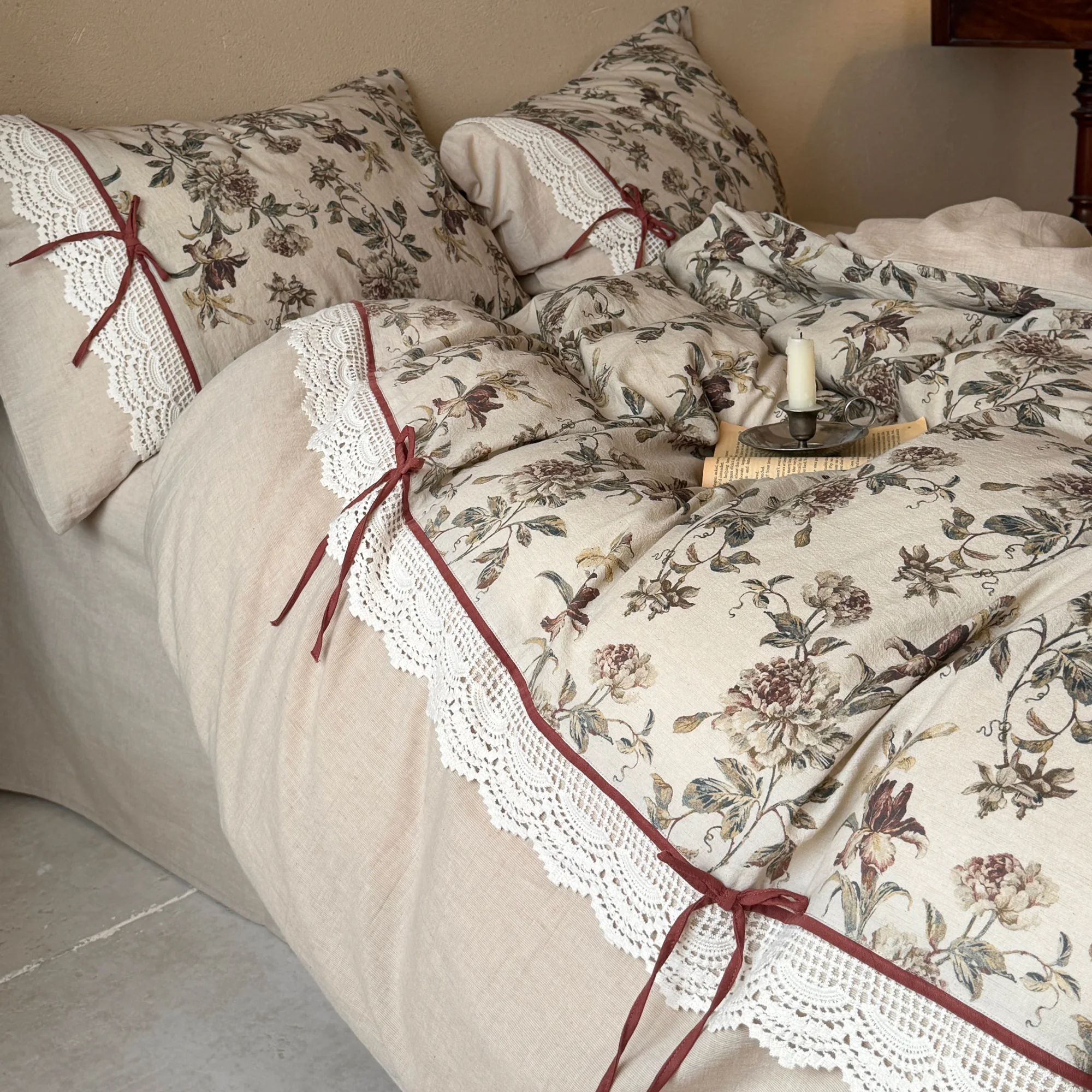 Rustic Country Botanical Floral Lace Hem Natural Cotton Linen Bedding Set05 Rustic Country Botanical Floral Lace Hem Natural Cotton Linen Bedding Set05