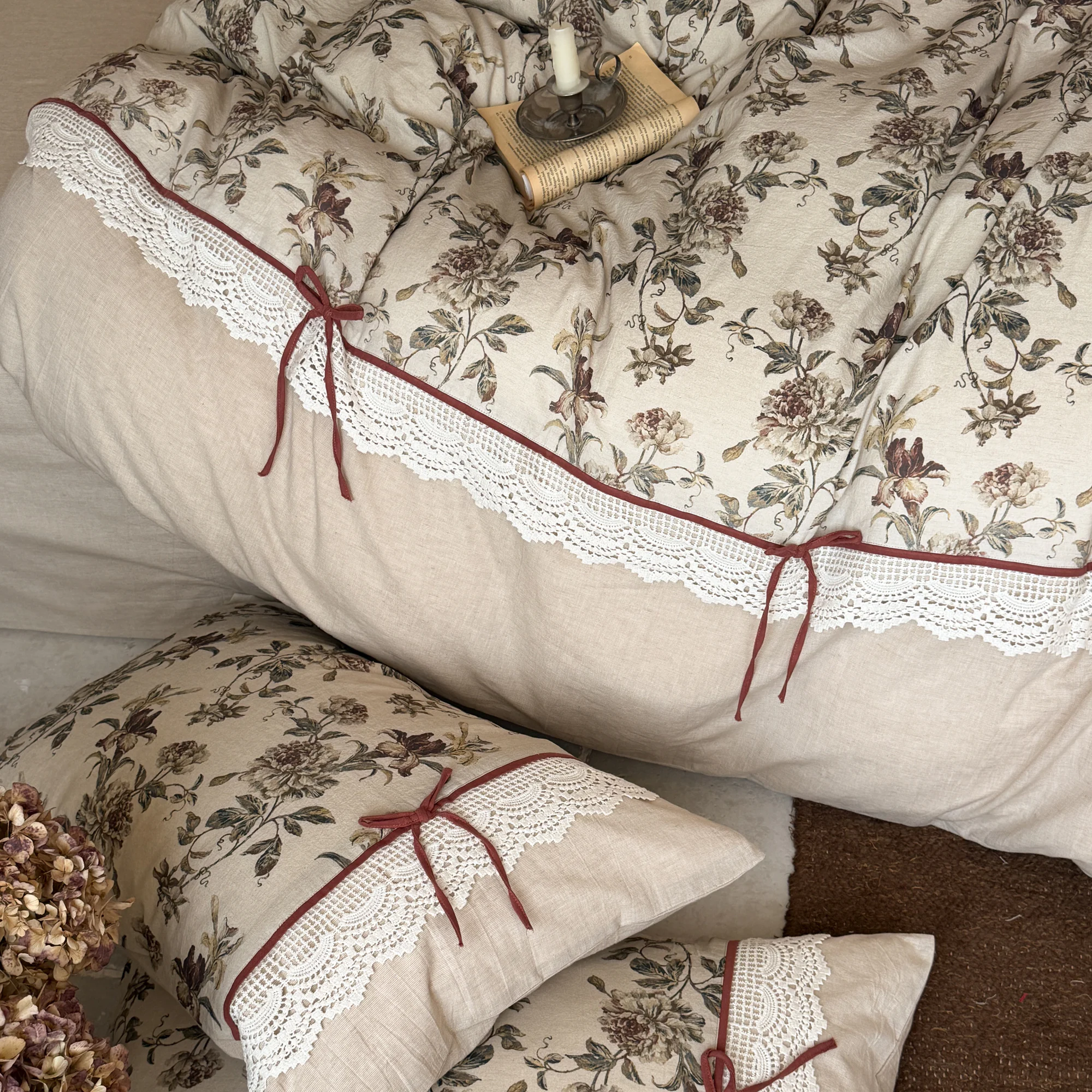 Rustic Country Botanical Floral Lace Hem Natural Cotton Linen Bedding Set06 Rustic Country Botanical Floral Lace Hem Natural Cotton Linen Bedding Set06