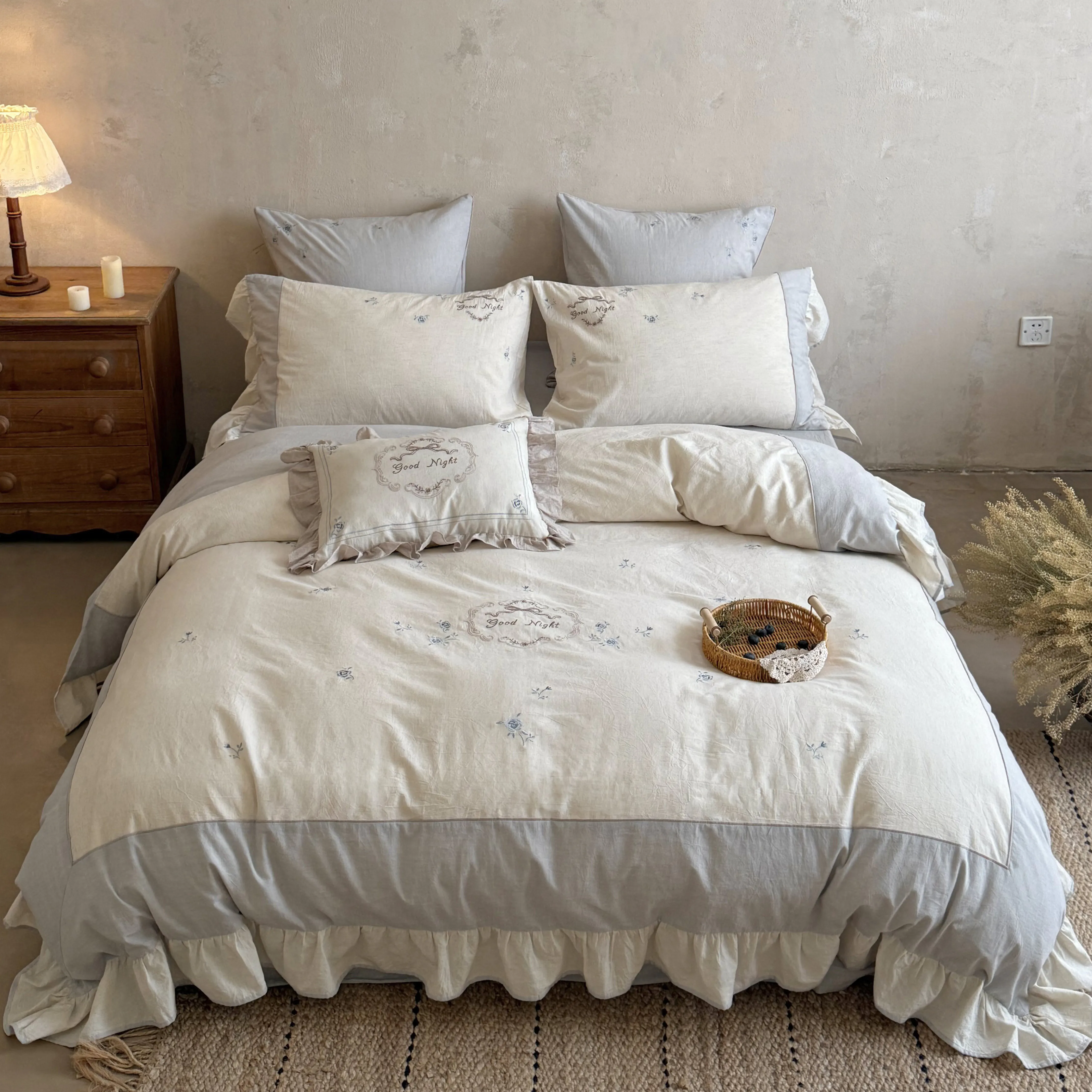 Rustic Soft Farmhouse Floral Embroidery Cotton Linen Bedding 4 Piece Set01