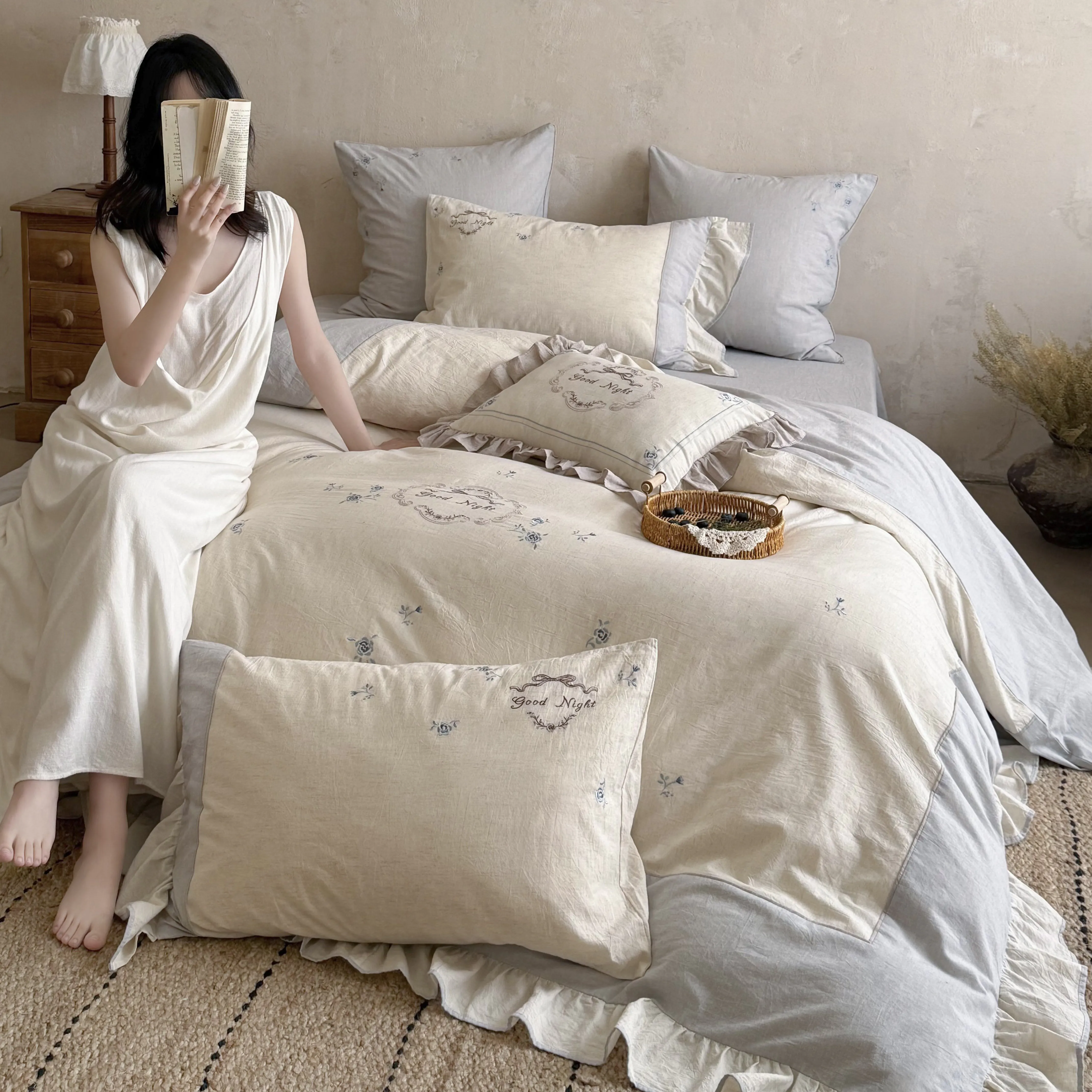 Rustic Soft Farmhouse Floral Embroidery Cotton Linen Bedding 4 Piece Set02