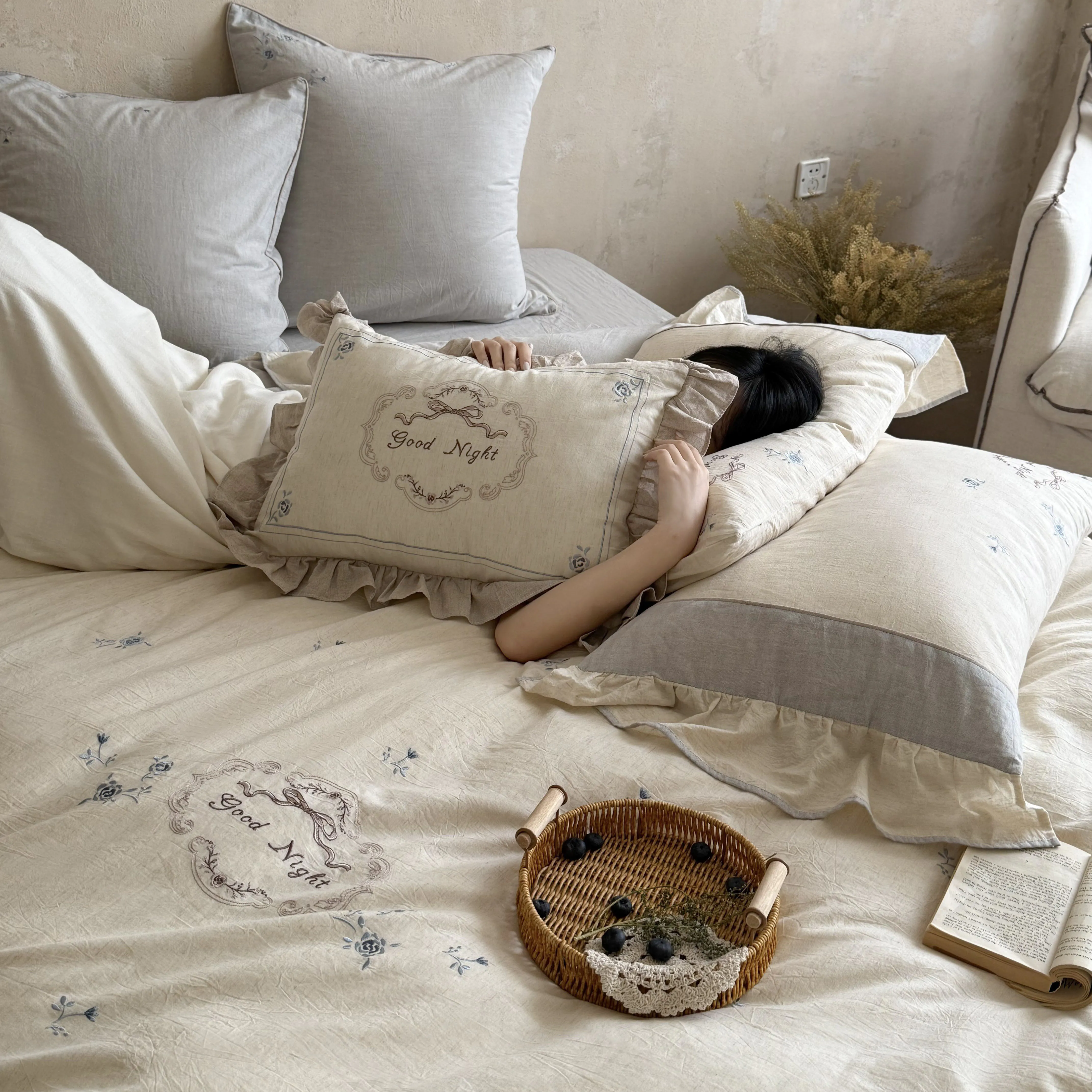 Rustic-Soft-Farmhouse-Floral-Embroidery-Cotton-Linen-Bedding-4-Piece-Set04 Rustic Soft Farmhouse Floral Embroidery Cotton Linen Bedding 4 Piece Set04