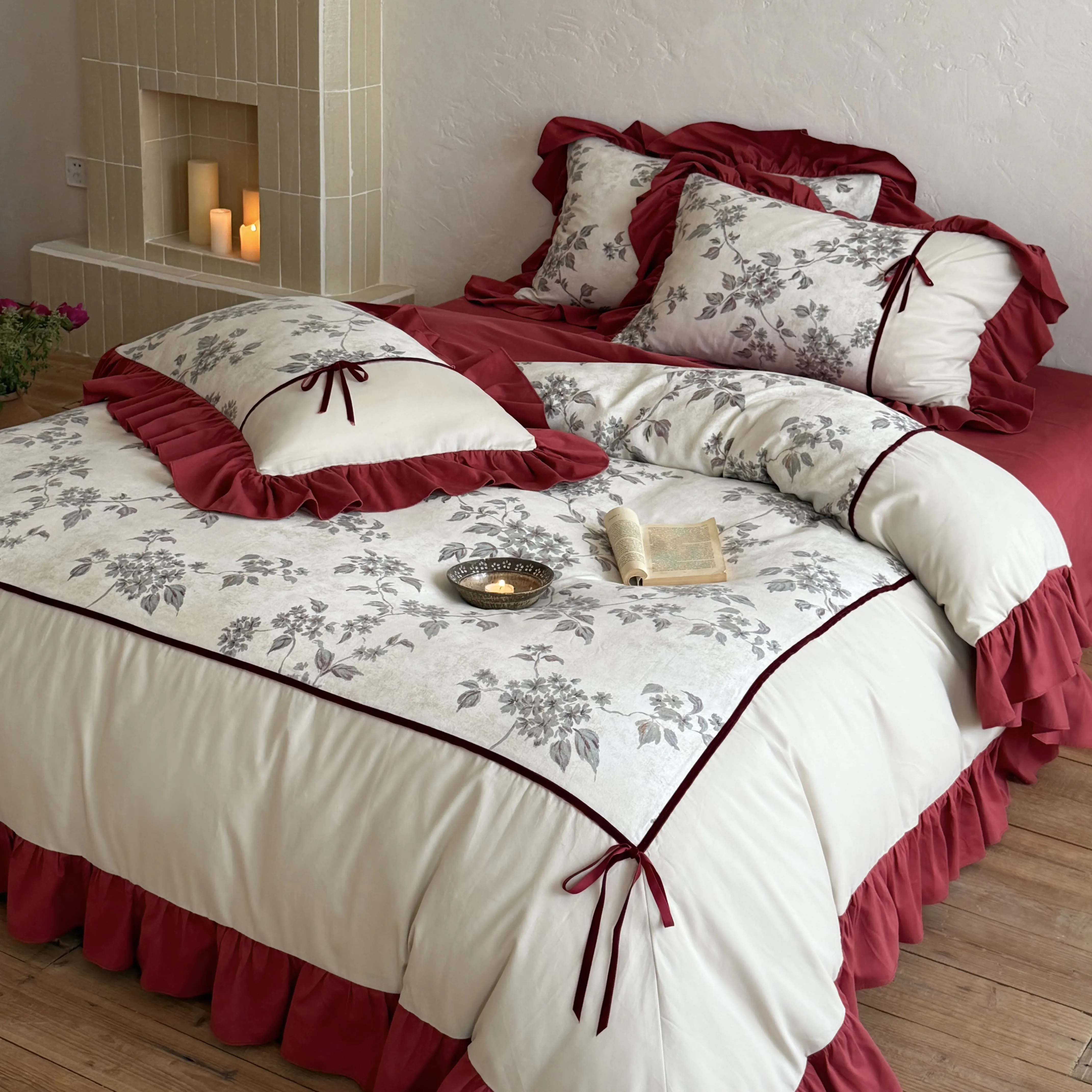 Shabby Chic Botanical Floral Branch Printed Brushed Microfiber Bedding Set02