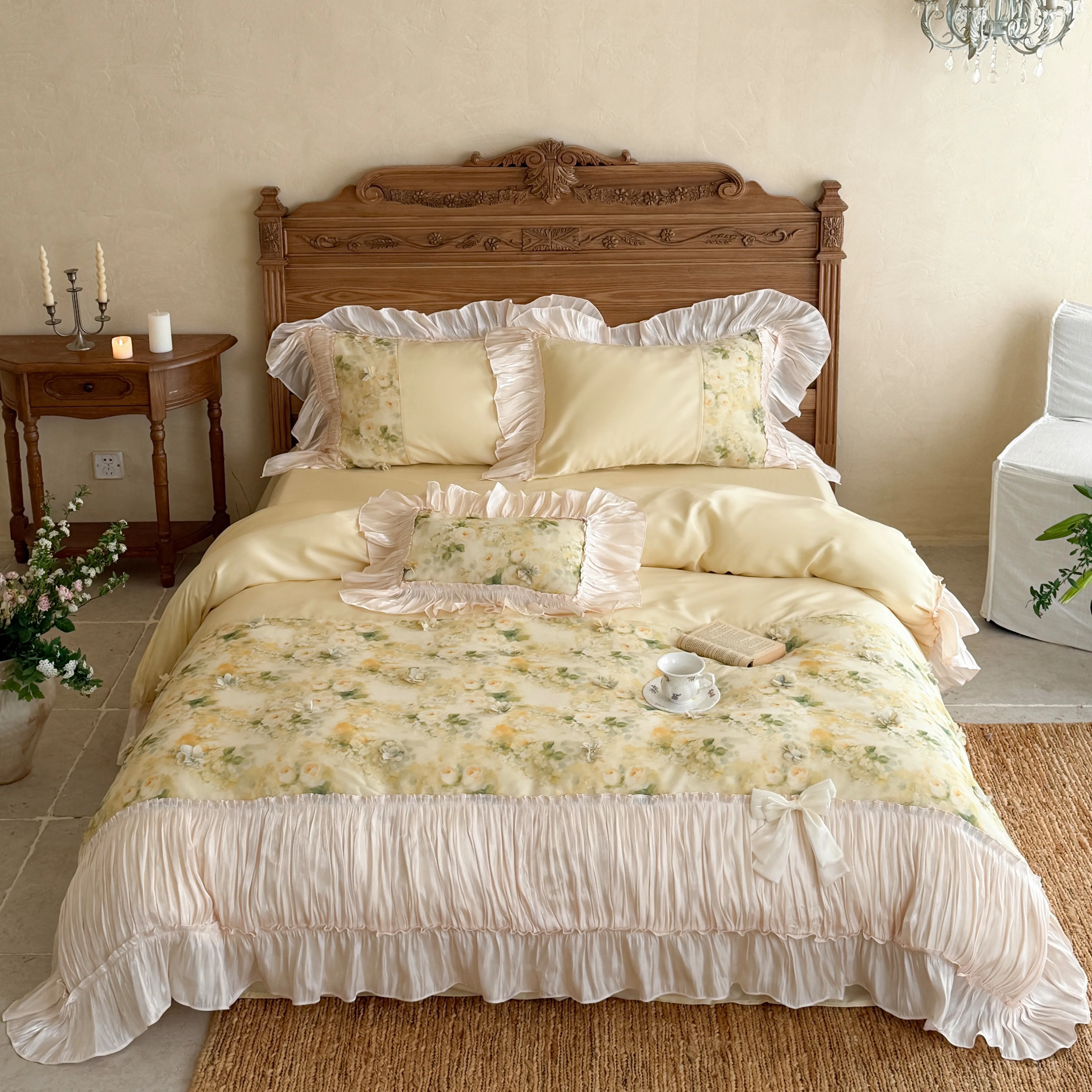 Shabby Chic Botanical Floral Print 100S Pure Egyptian Cotton Bed Sheet Set01