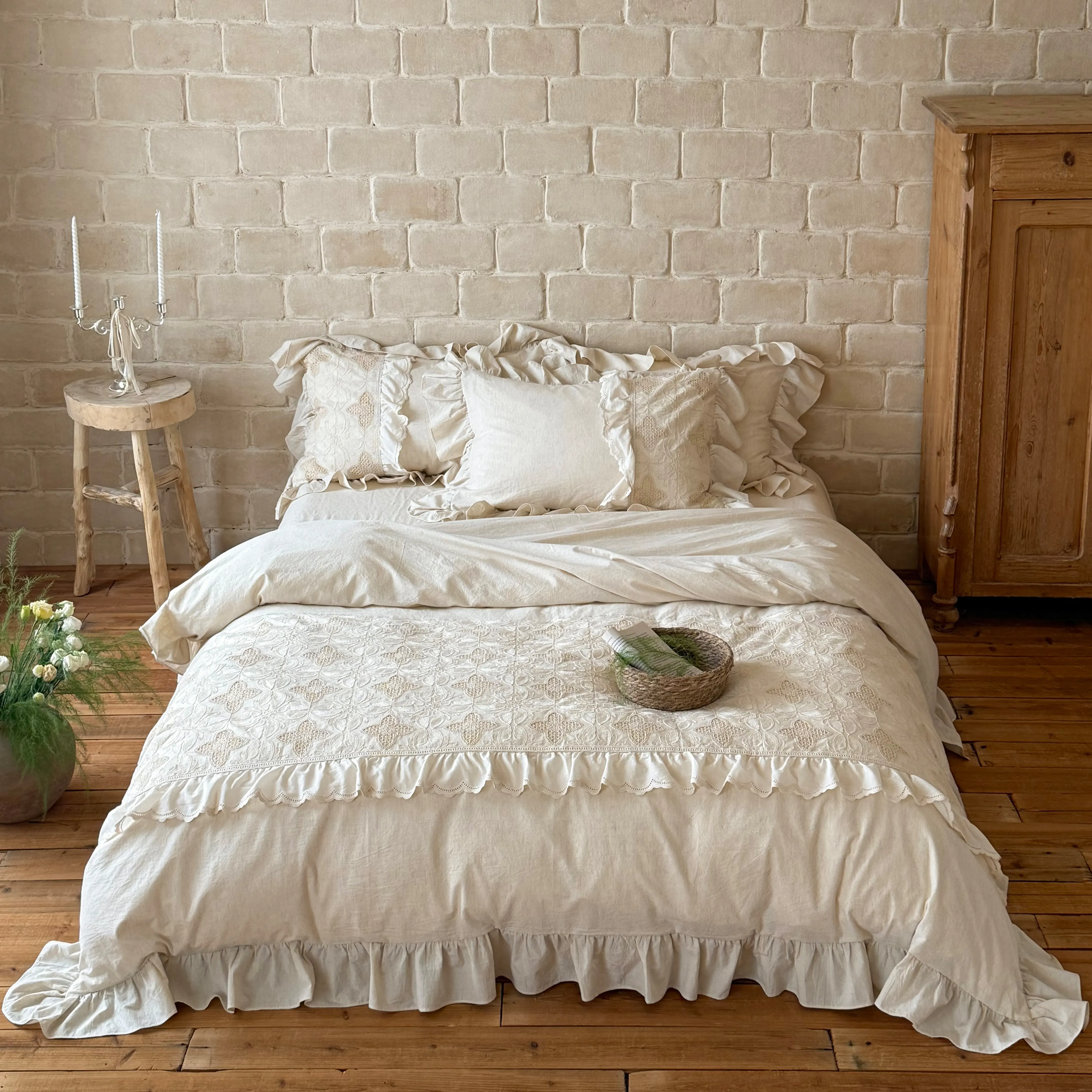 Shabby Chic Farmhouse Clover Pattern Rustic Cotton Linen Bedding Set01