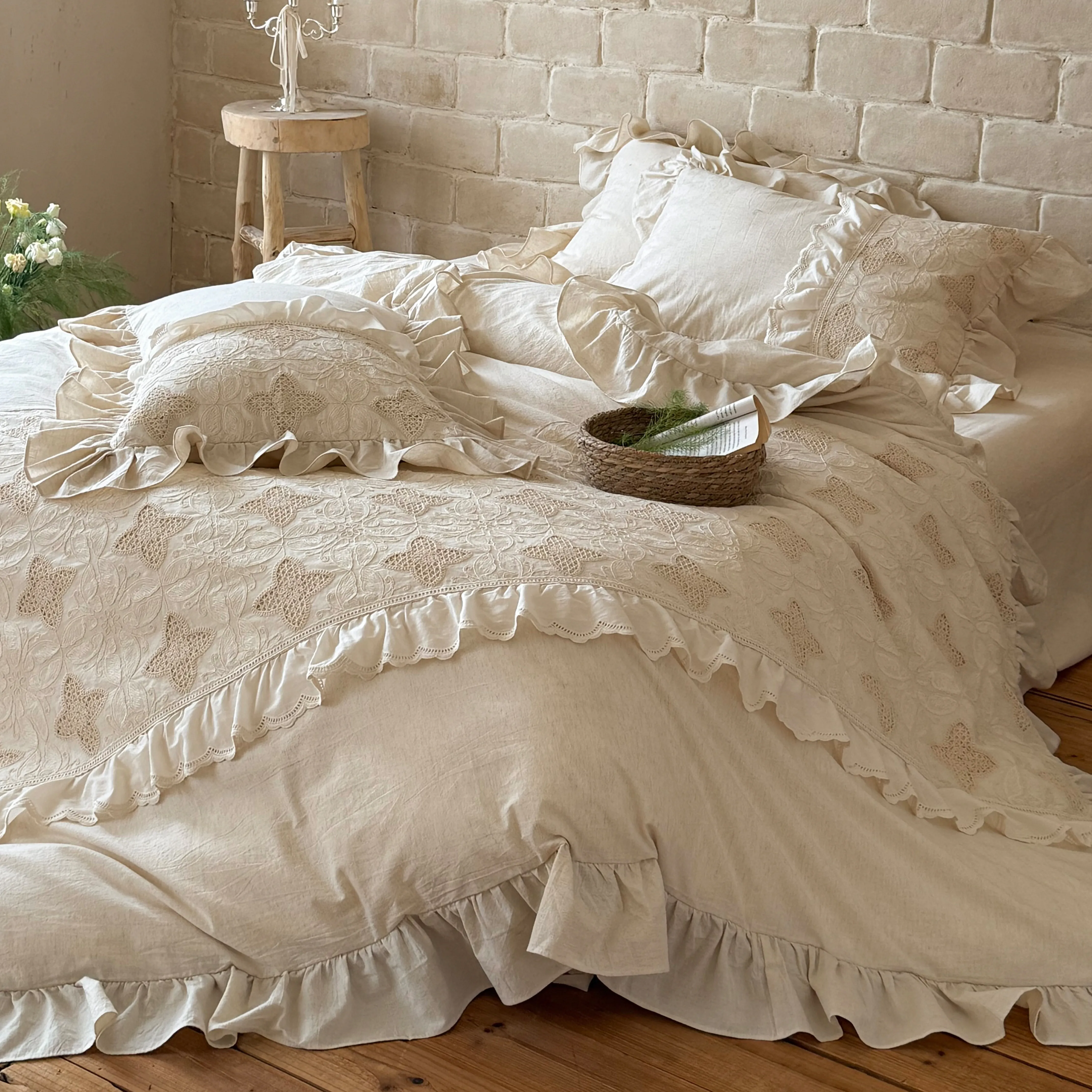 Shabby Chic Farmhouse Clover Pattern Rustic Cotton Linen Bedding Set02