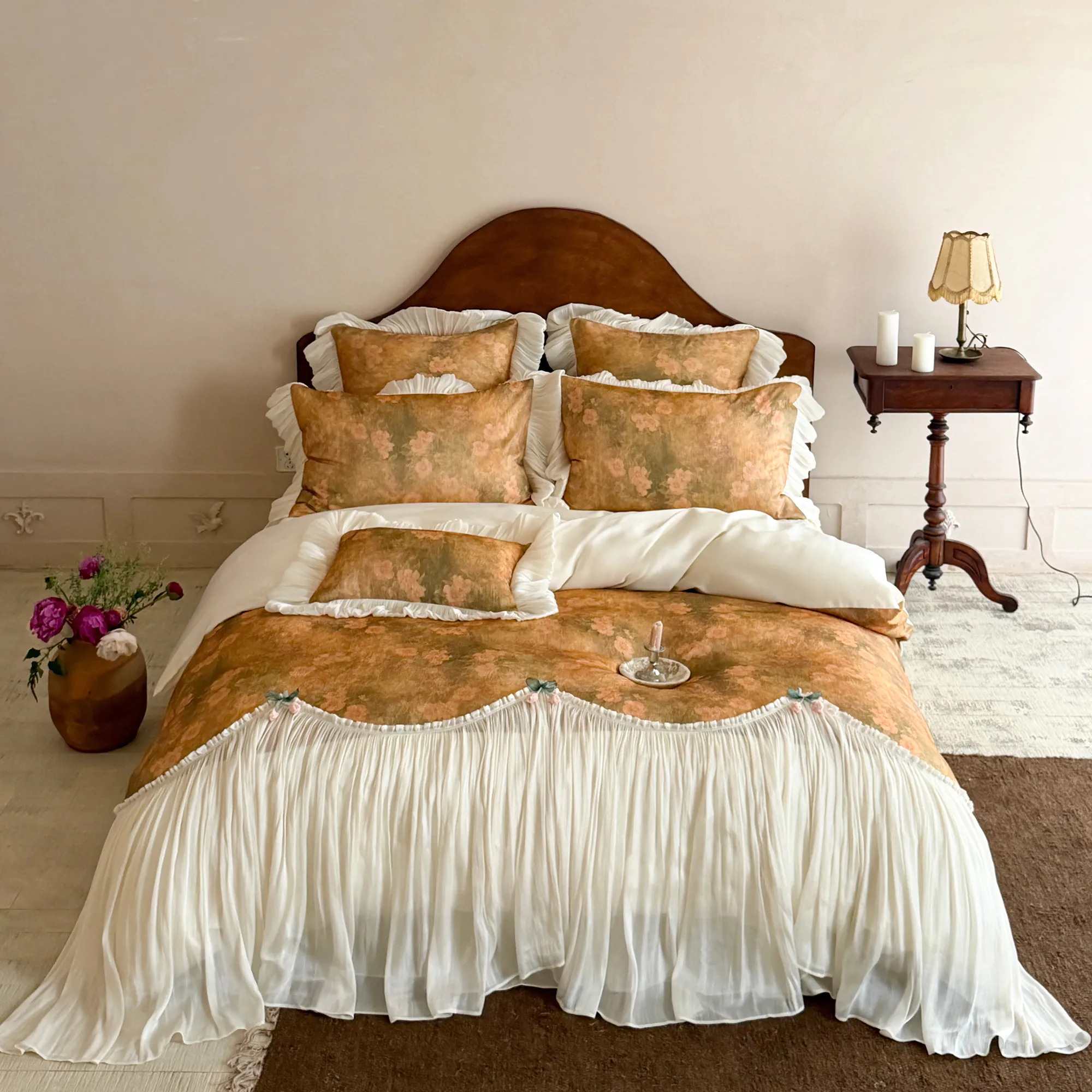 Shabby Chic Golden Botanical Floral Print 100S Cotton 4 Pcs Duvet Cover Set01
