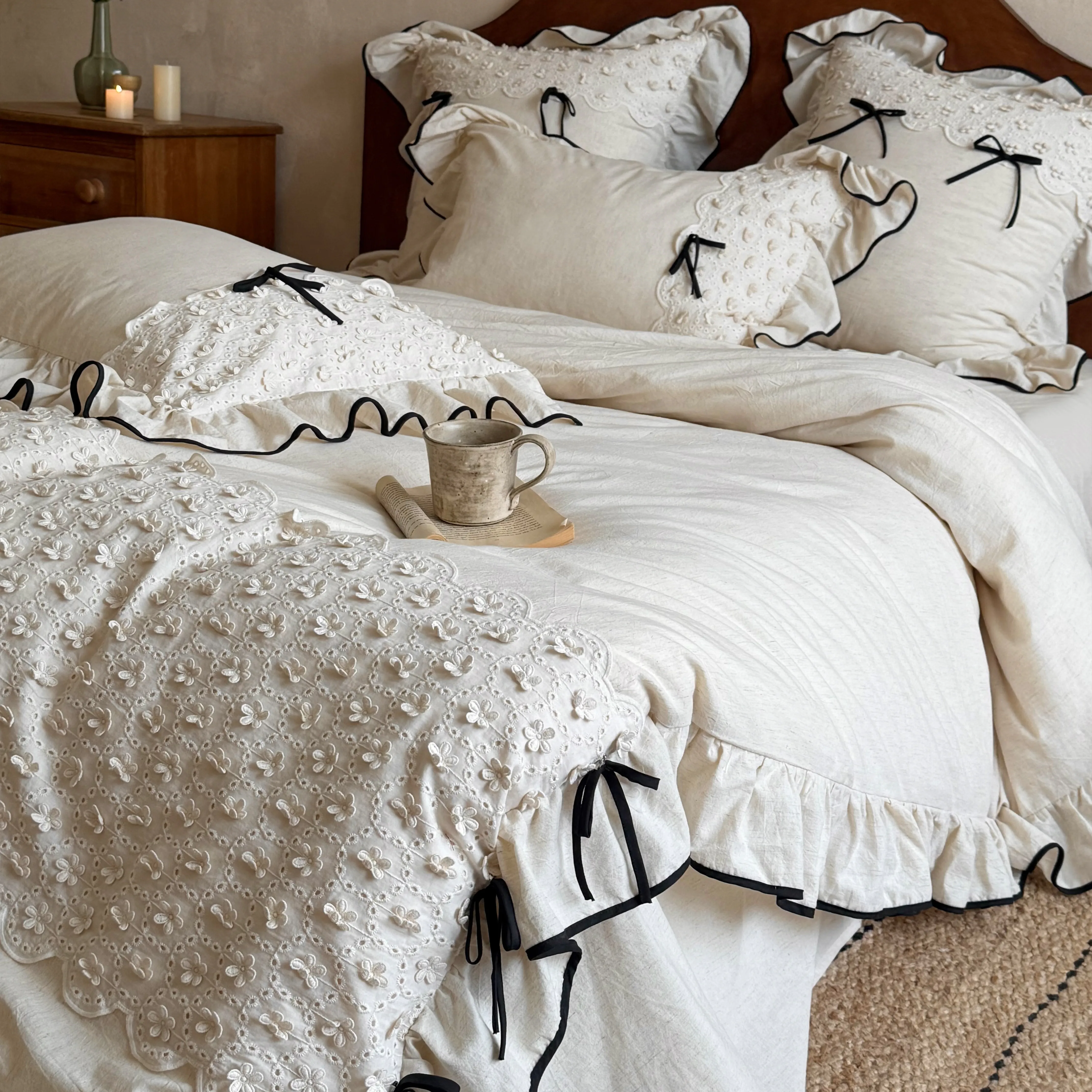 Soft Farmhouse Floral Eyelet Embroidery Ruffle Cotton Linen Bedding Set03 Soft Farmhouse Floral Eyelet Embroidery Ruffle Cotton Linen Bedding Set03