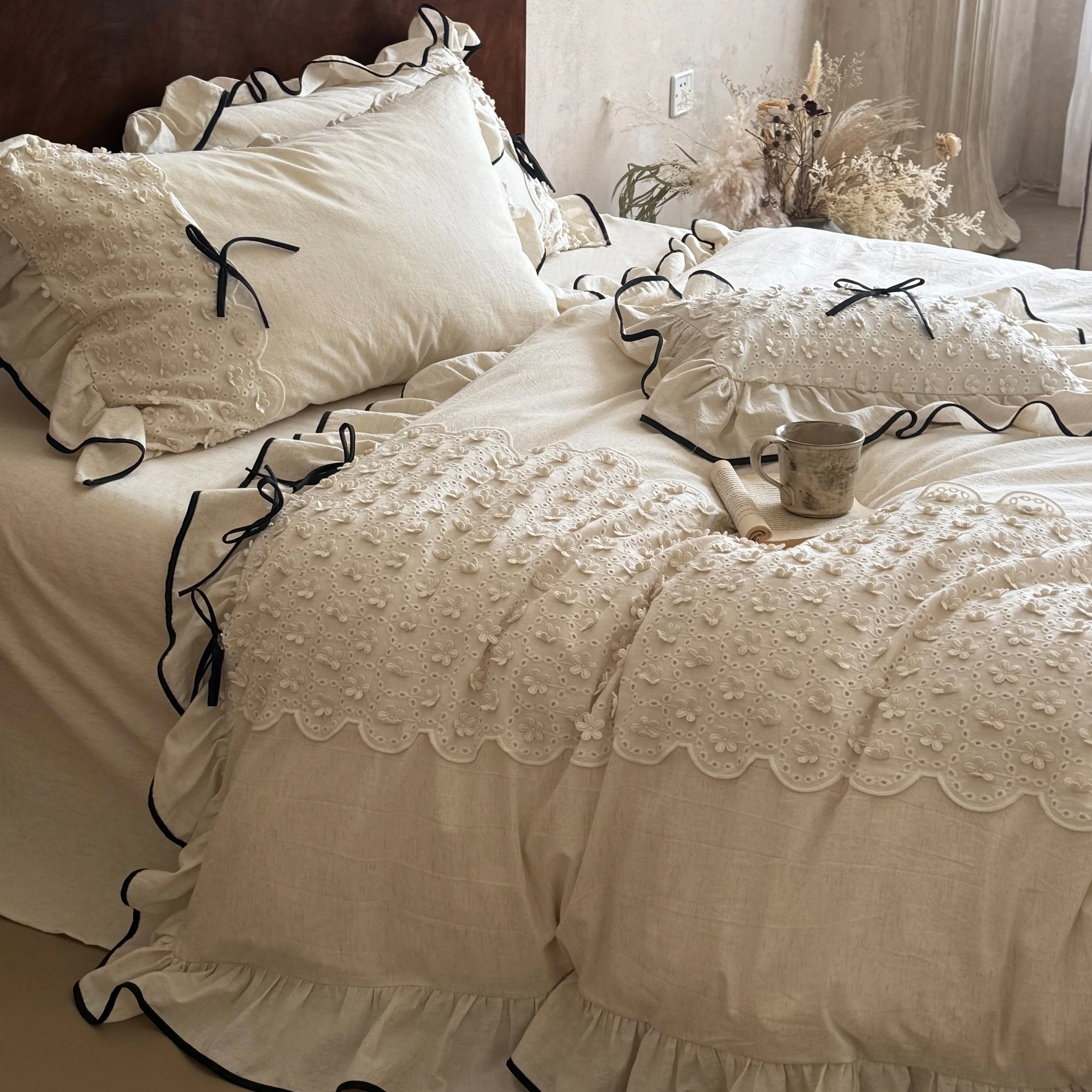 Soft Farmhouse Floral Eyelet Embroidery Ruffle Cotton Linen Bedding Set04 Soft Farmhouse Floral Eyelet Embroidery Ruffle Cotton Linen Bedding Set04