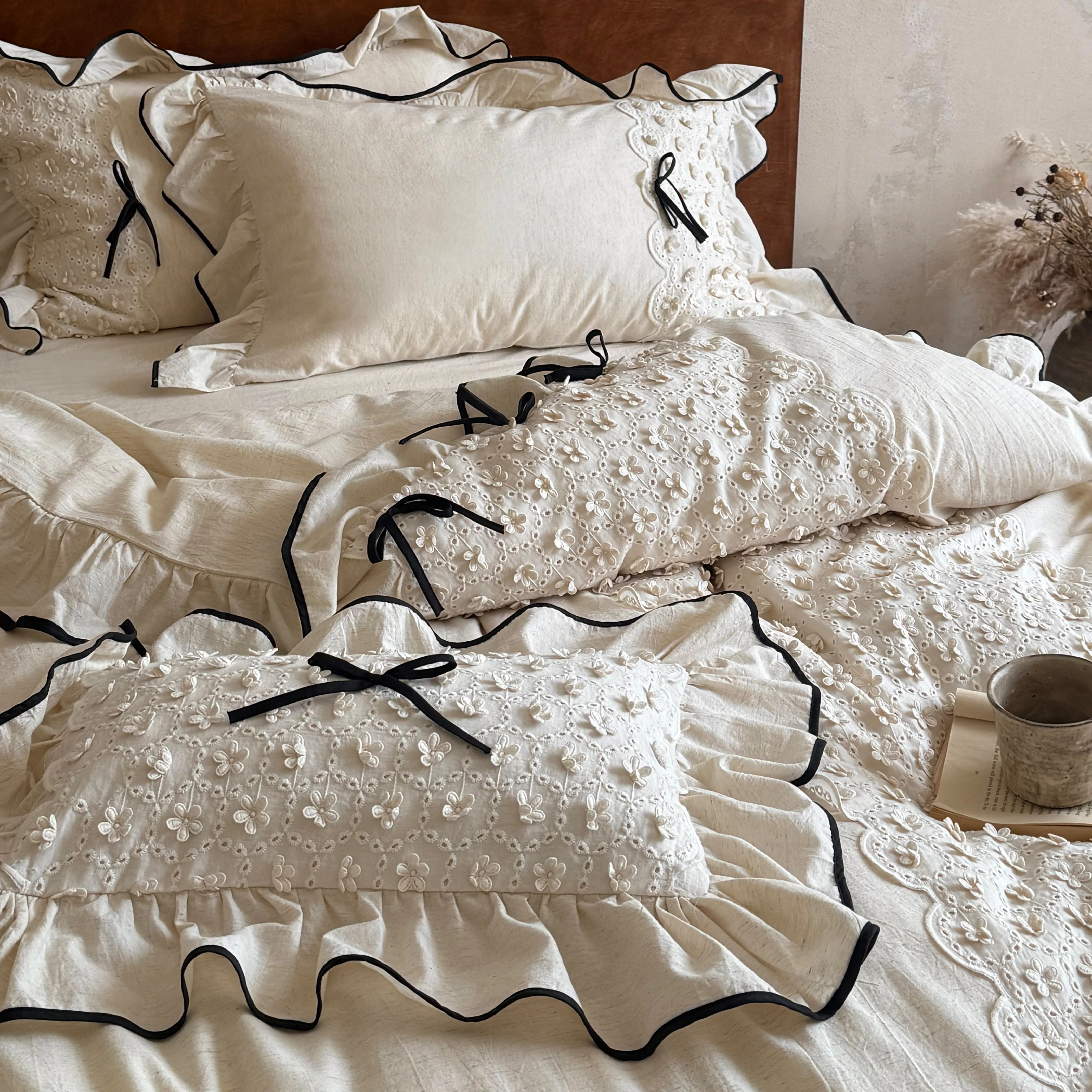 Soft Farmhouse Floral Eyelet Embroidery Ruffle Cotton Linen Bedding Set05 Soft Farmhouse Floral Eyelet Embroidery Ruffle Cotton Linen Bedding Set05