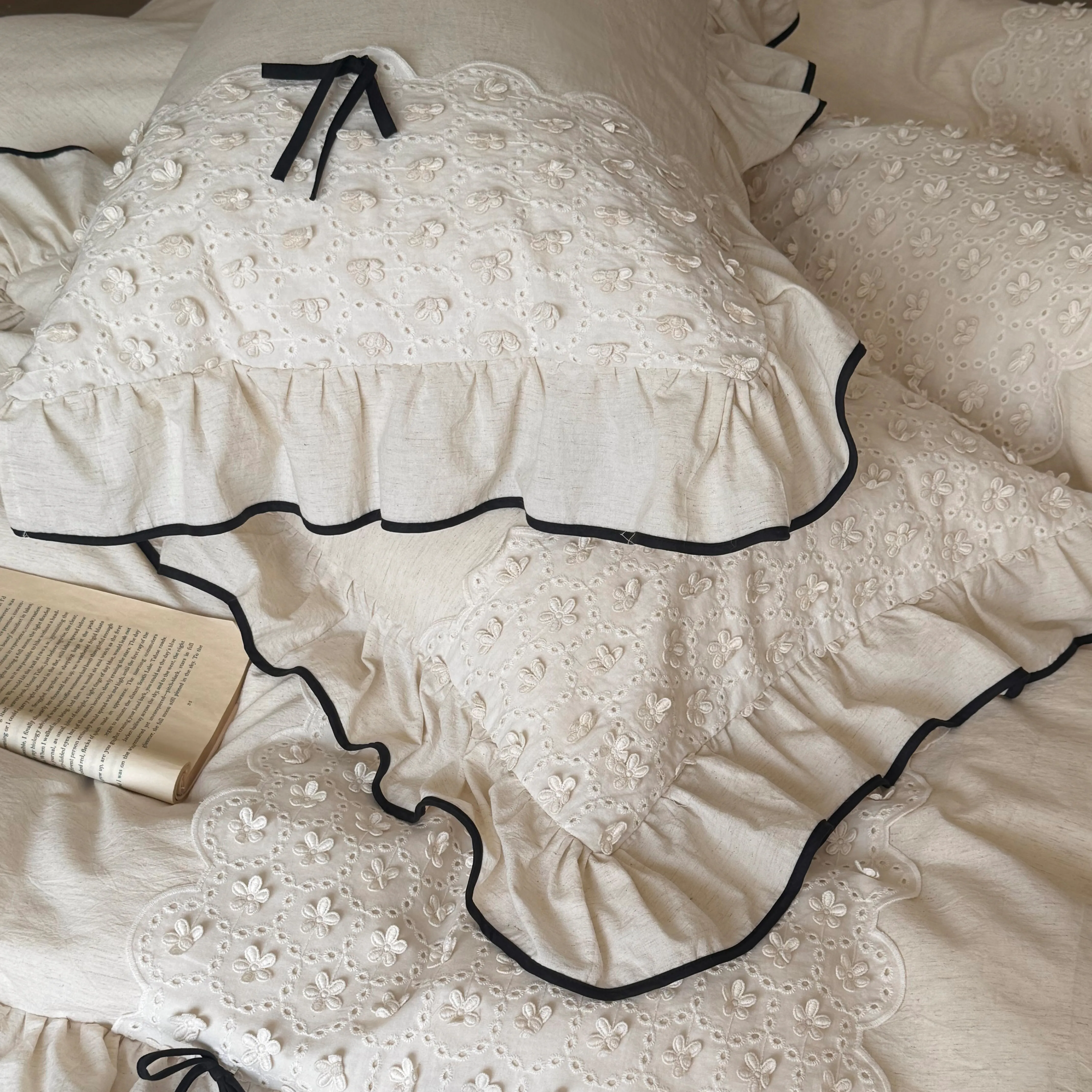 Soft Farmhouse Floral Eyelet Embroidery Ruffle Cotton Linen Bedding Set06 Soft Farmhouse Floral Eyelet Embroidery Ruffle Cotton Linen Bedding Set06