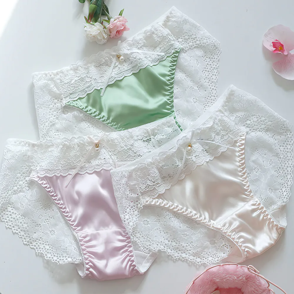 Soft Pastel Silky Satin Front Lace Waist Panties Underwear with Ribbon01