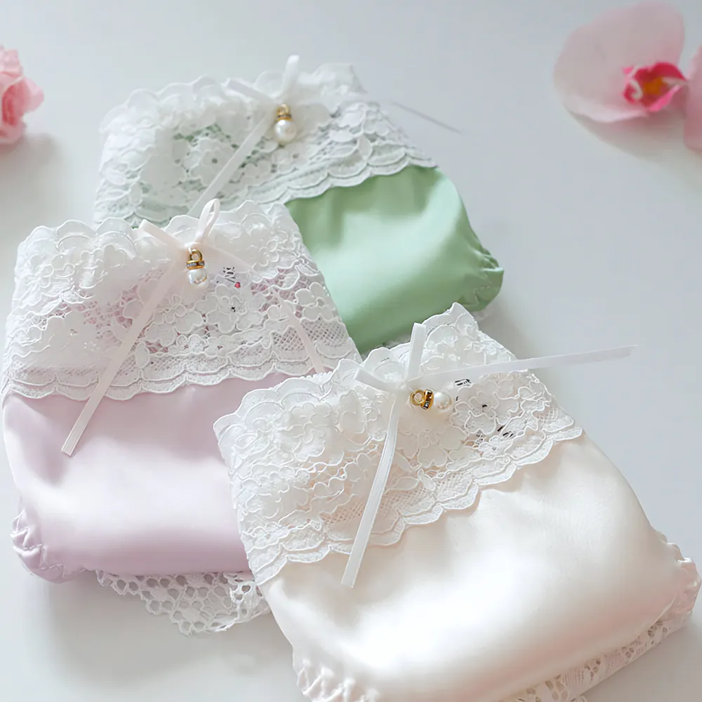 Soft Pastel Silky Satin Front Lace Waist Panties Underwear with Ribbon03 Soft Pastel Silky Satin Front Lace Waist Panties Underwear with Ribbon03