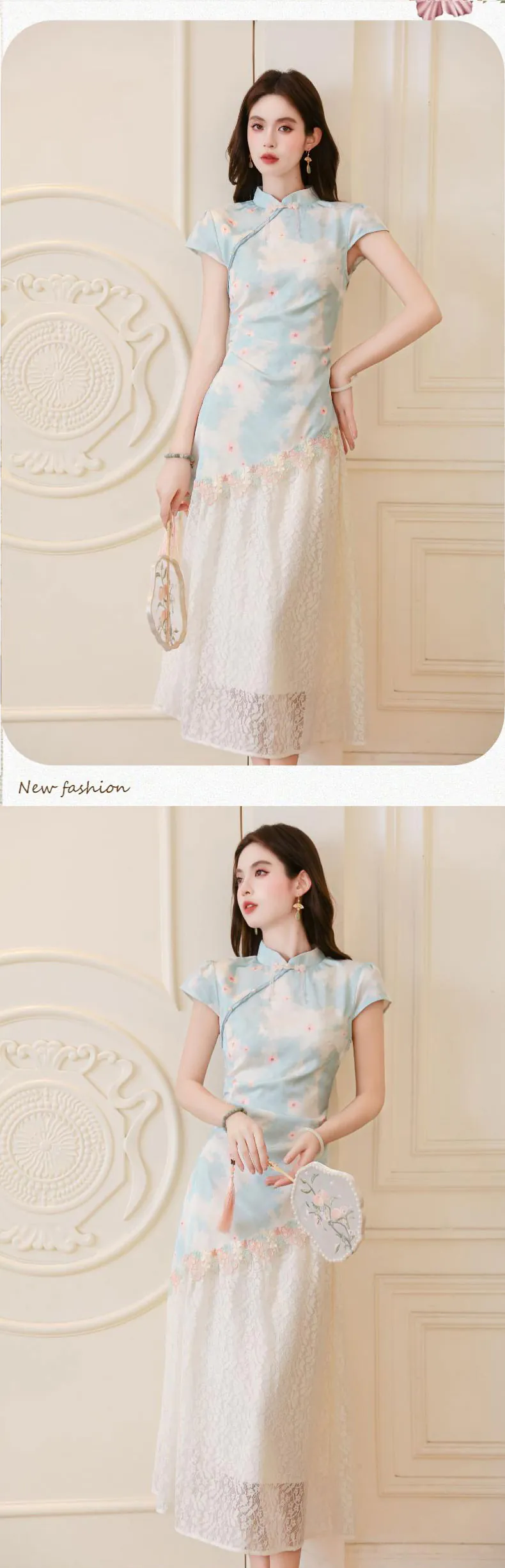 Sweet-Blue-Pearl-Tassel-Floral-Lace-Pankou-Modified-Modern-Qipao-Dress12