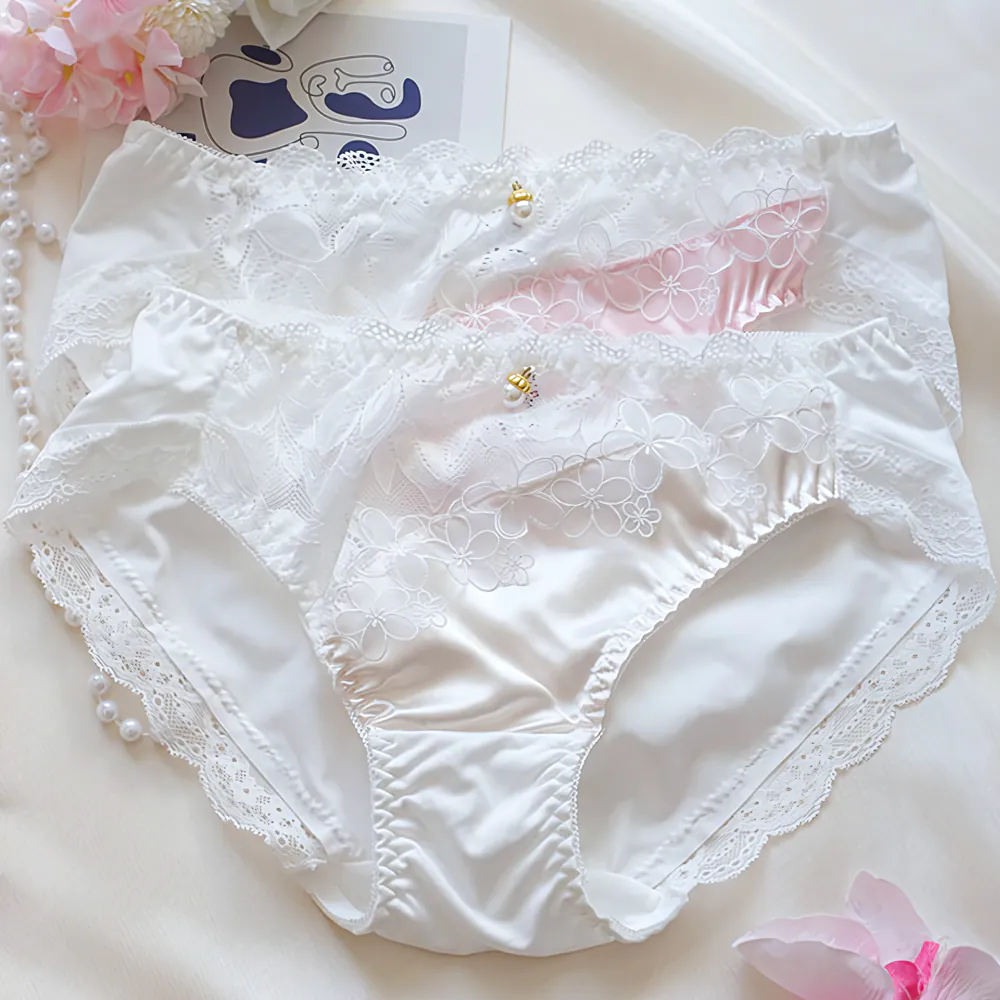 Sweet Coquette Style Mid Waist Milk Silk Lace Patchwork Underwear Panties01