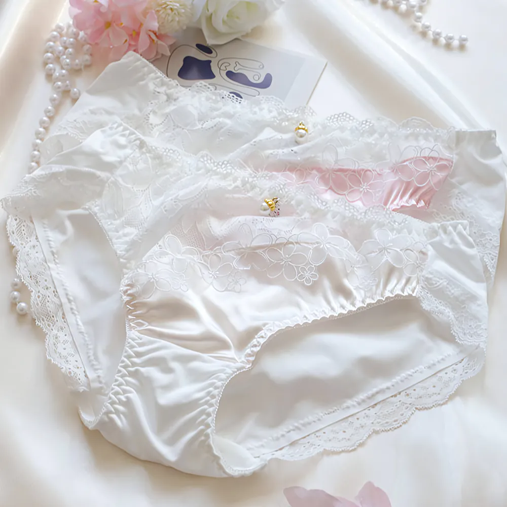 Sweet Coquette Style Mid Waist Milk Silk Lace Patchwork Underwear Panties02