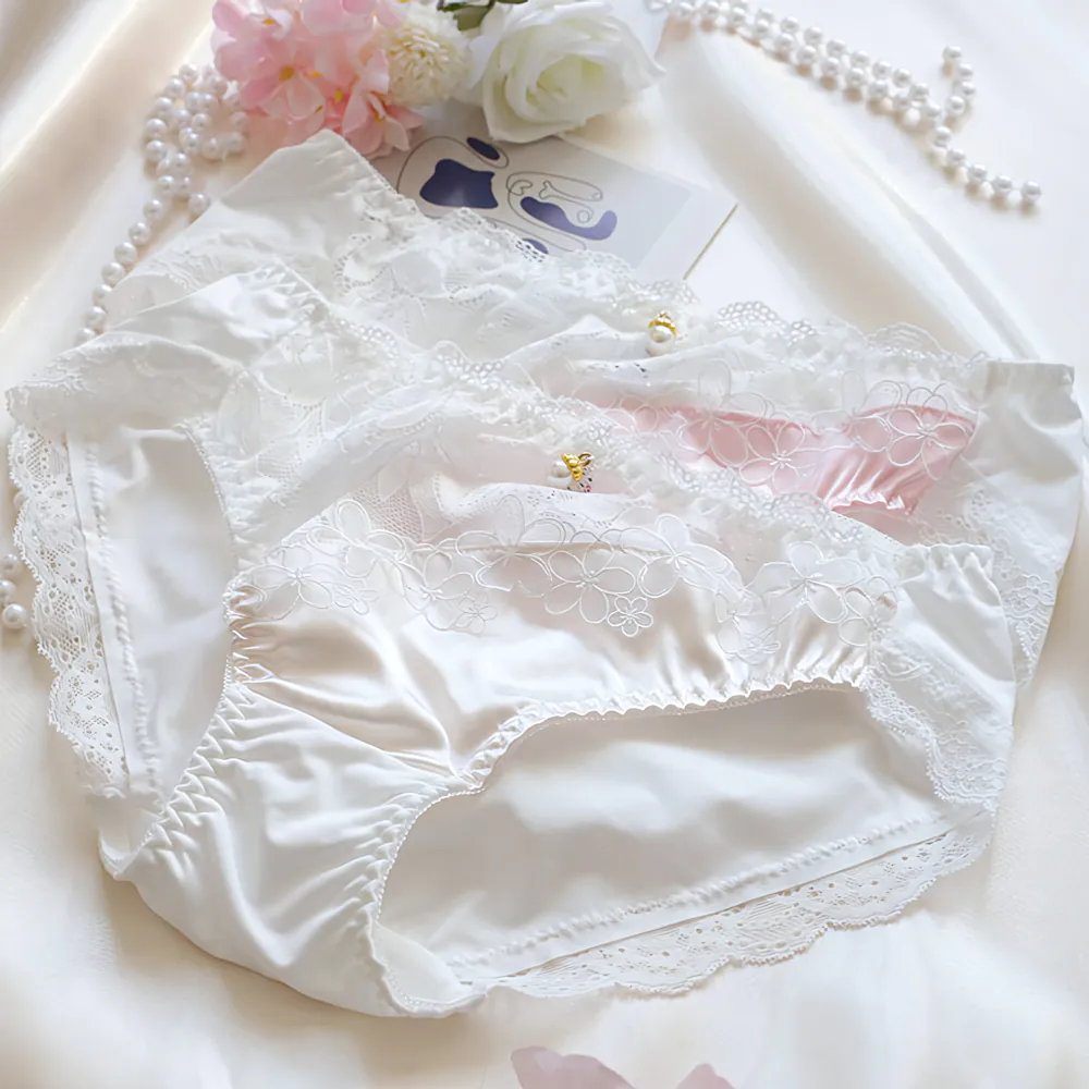 Sweet Coquette Style Mid-Waist Milk Silk Lace Patchwork Underwear Panties03 Sweet Coquette Style Mid Waist Milk Silk Lace Patchwork Underwear Panties03