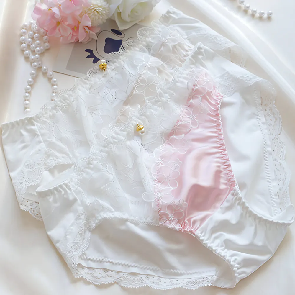 Sweet Coquette Style Mid-Waist Milk Silk Lace Patchwork Underwear Panties04 Sweet Coquette Style Mid Waist Milk Silk Lace Patchwork Underwear Panties04
