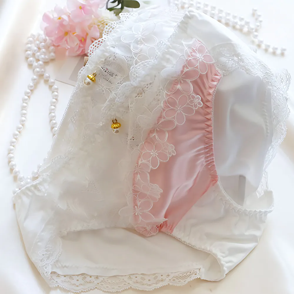 Sweet Coquette Style Mid-Waist Milk Silk Lace Patchwork Underwear Panties05 Sweet Coquette Style Mid Waist Milk Silk Lace Patchwork Underwear Panties05