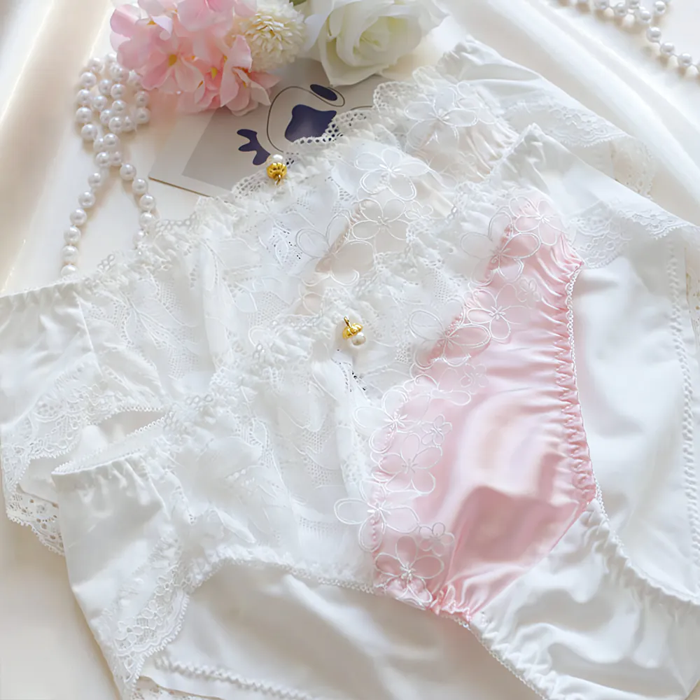 Sweet Coquette Style Mid-Waist Milk Silk Lace Patchwork Underwear Panties06 Sweet Coquette Style Mid Waist Milk Silk Lace Patchwork Underwear Panties06