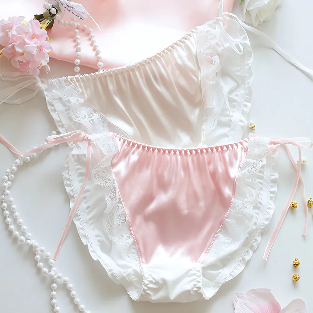 Sweet Sheer Lace Trim Low Rise Side Tie Glossy Milk Silk Underwear Panties01