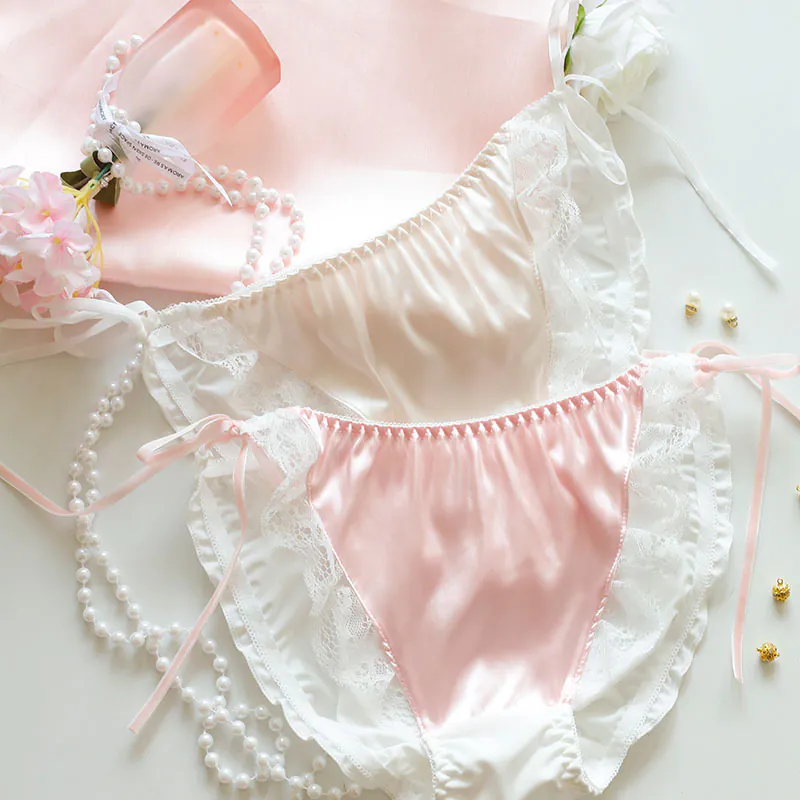 Sweet Sheer Lace Trim Low Rise Side Tie Glossy Milk Silk Underwear Panties02