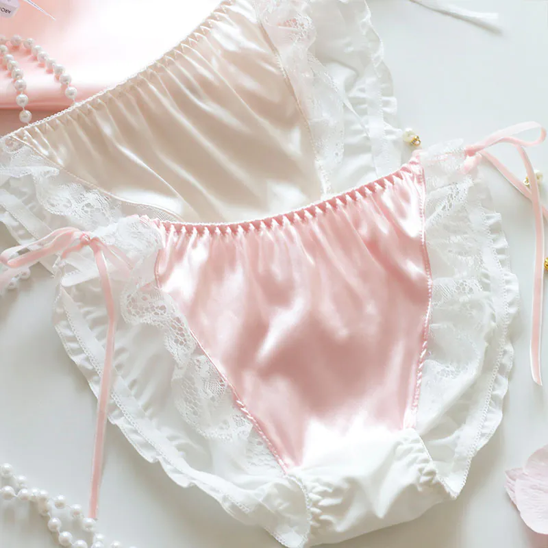 Sweet Sheer Lace Trim Low Rise Side Tie Glossy Milk Silk Underwear Panties03 Sweet Sheer Lace Trim Low Rise Side Tie Glossy Milk Silk Underwear Panties03