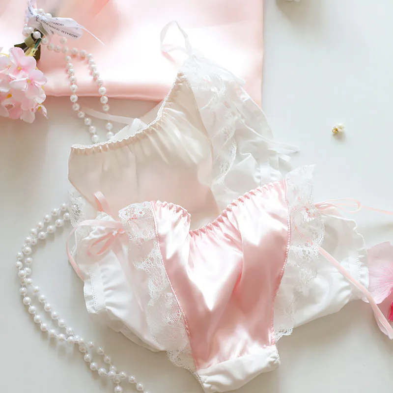 Sweet Sheer Lace Trim Low Rise Side Tie Glossy Milk Silk Underwear Panties04 Sweet Sheer Lace Trim Low Rise Side Tie Glossy Milk Silk Underwear Panties04