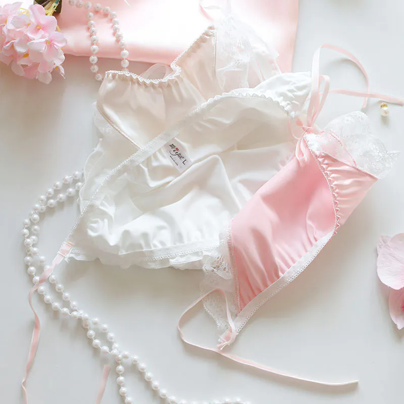 Sweet Sheer Lace Trim Low Rise Side Tie Glossy Milk Silk Underwear Panties05 Sweet Sheer Lace Trim Low Rise Side Tie Glossy Milk Silk Underwear Panties05