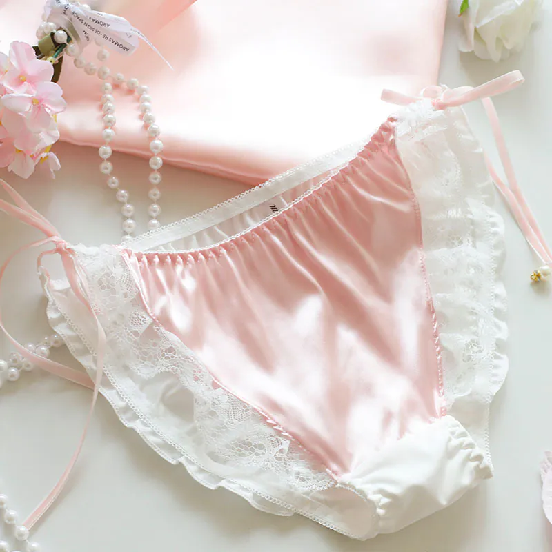 Sweet Sheer Lace Trim Low Rise Side Tie Glossy Milk Silk Underwear Panties07 Sweet Sheer Lace Trim Low Rise Side Tie Glossy Milk Silk Underwear Panties07