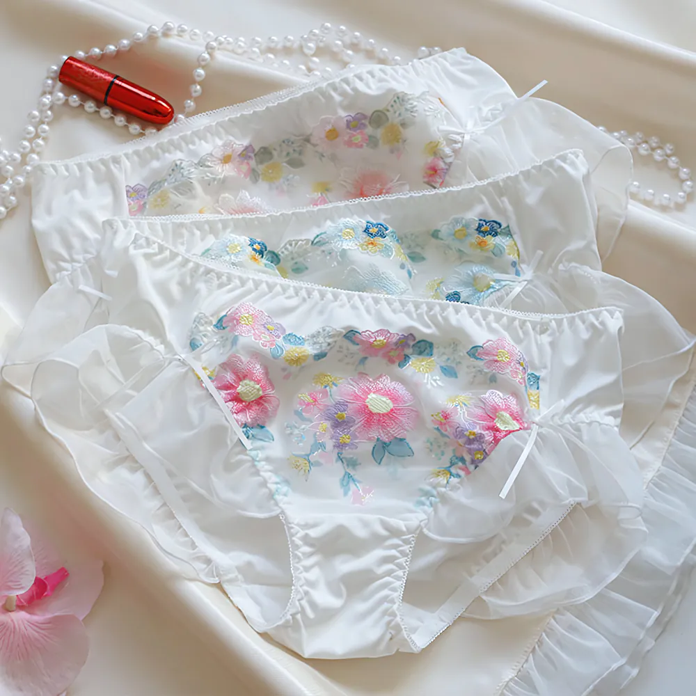 Sweet Vibrant Blossom Floral Embroidery Mid Rise Underwear Panties Briefs01