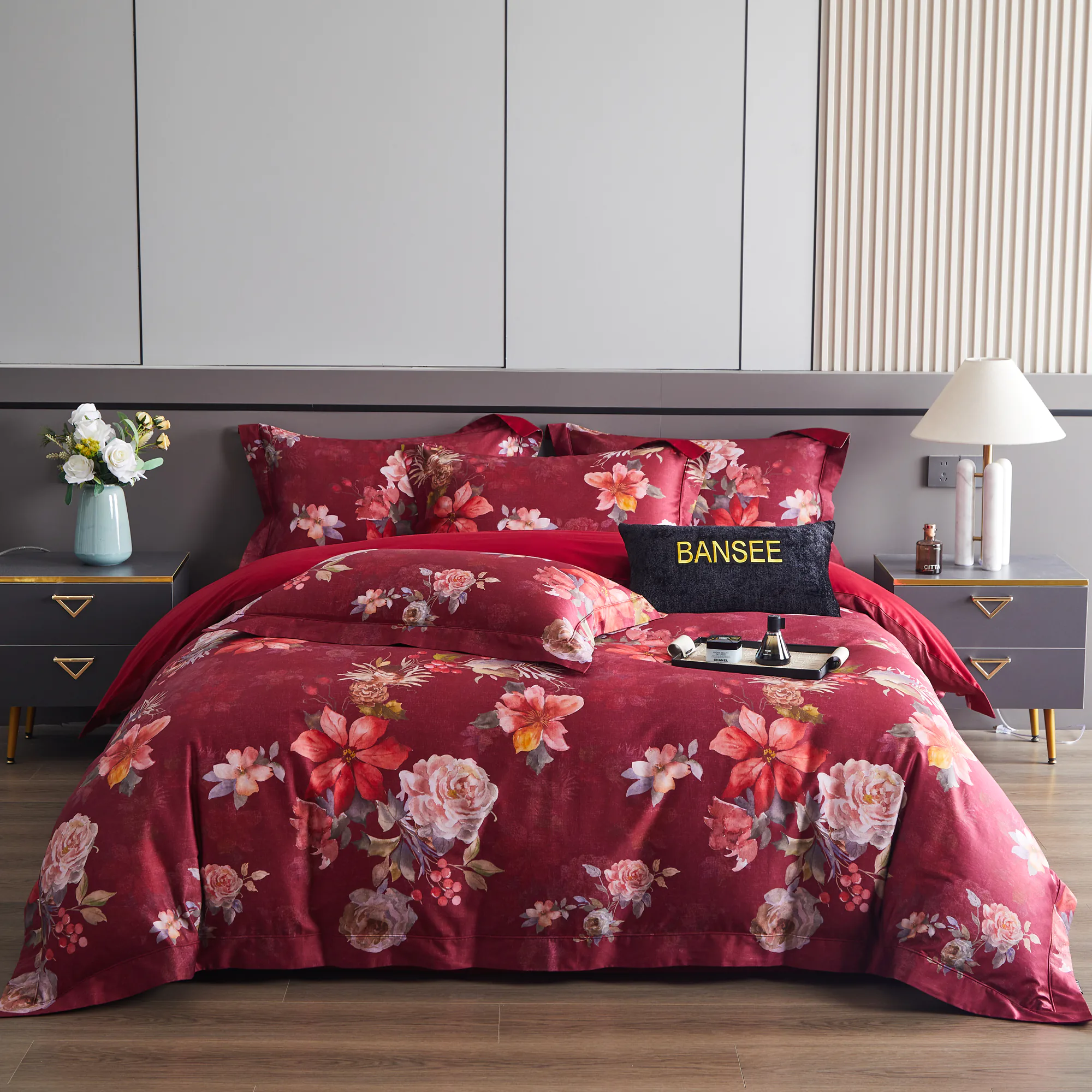 Vibrant Blooming Flower Botanical Print 100S Cotton 4 Piece Duvet Cover Set01