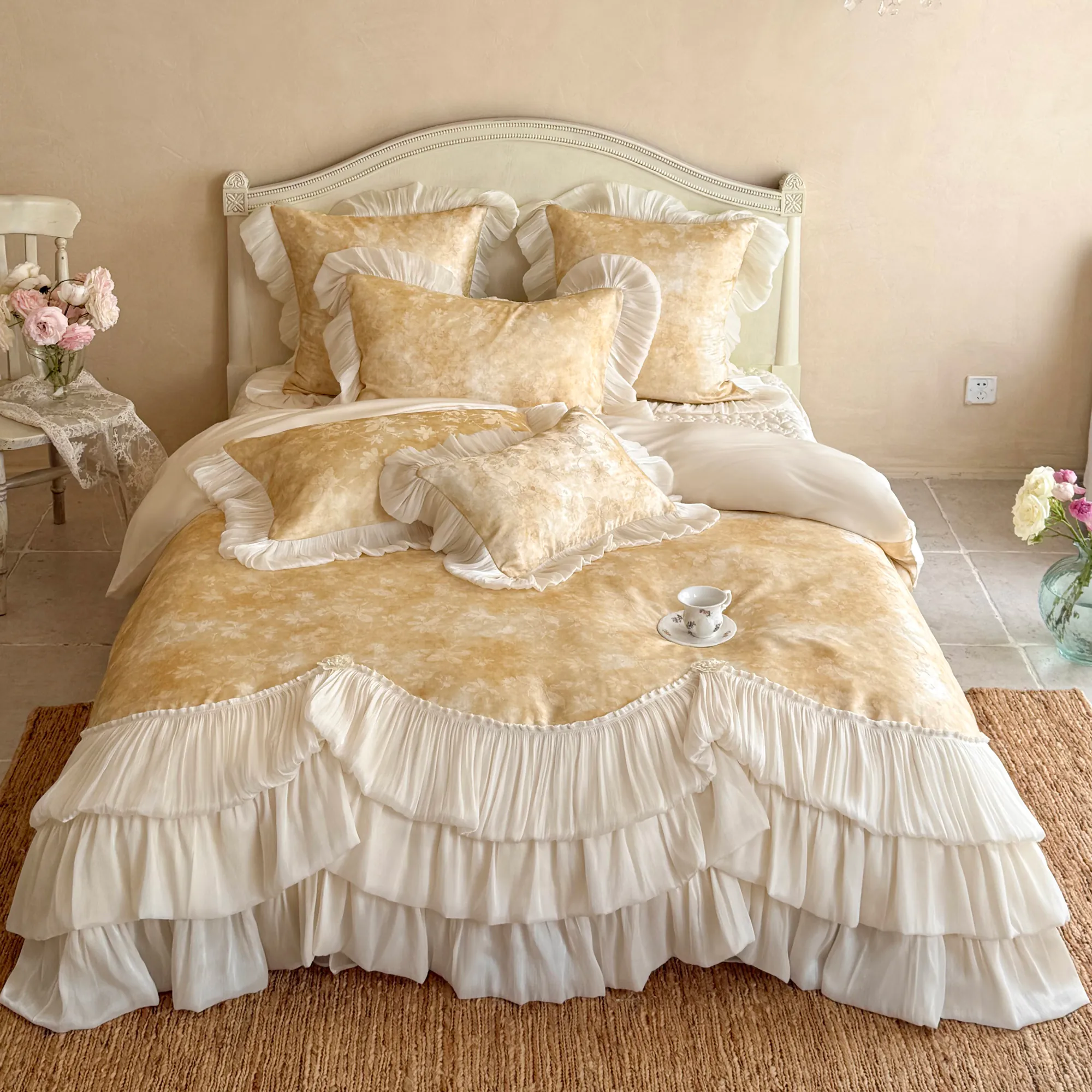 Victorian Botanical Floral Print Layered Pleated Ruffle 100S Cotton Bedding Set01