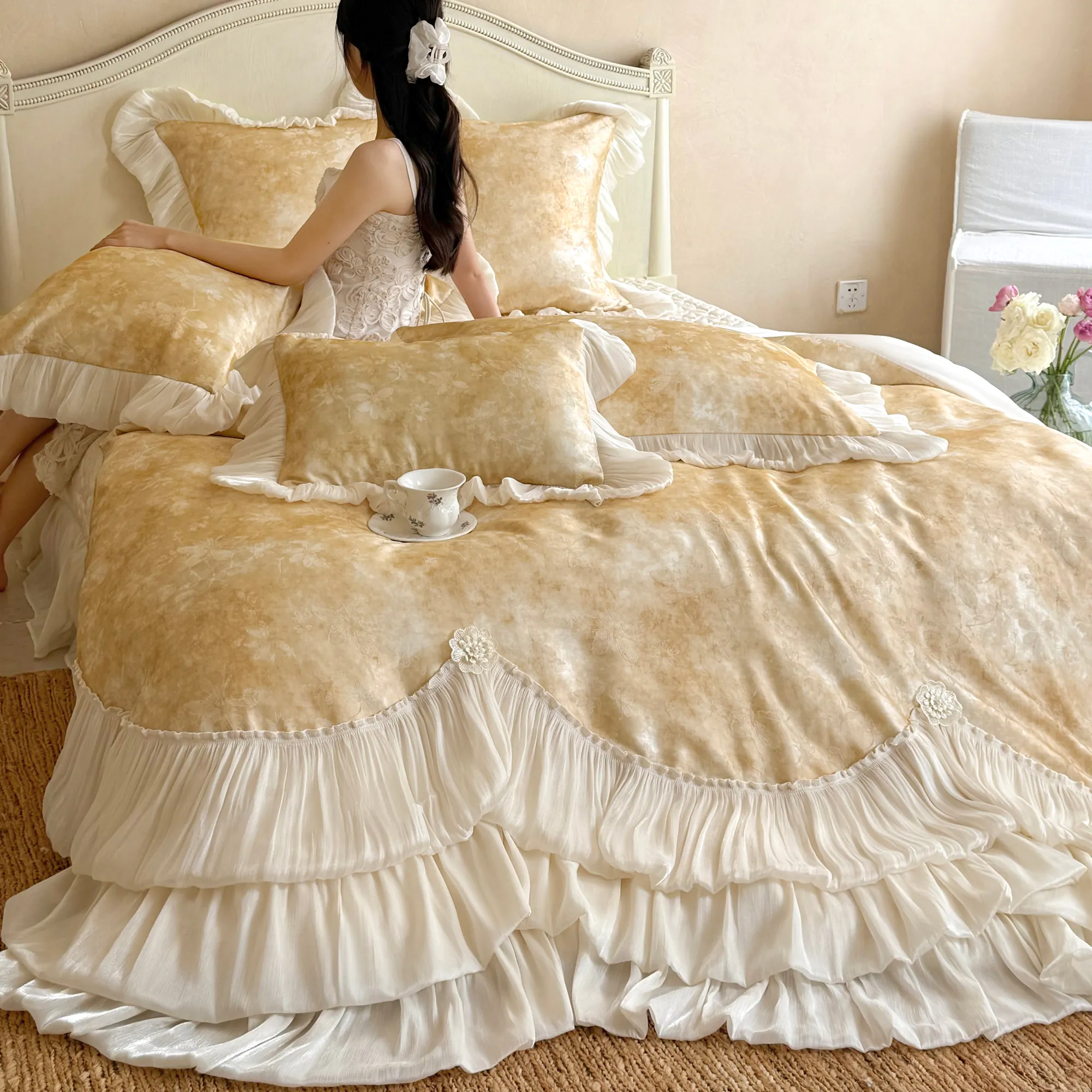 Victorian Botanical Floral Print Layered Pleated Ruffle 100S Cotton Bedding Set03 Victorian Botanical Floral Print Layered Pleated Ruffle 100S Cotton Bedding Set03