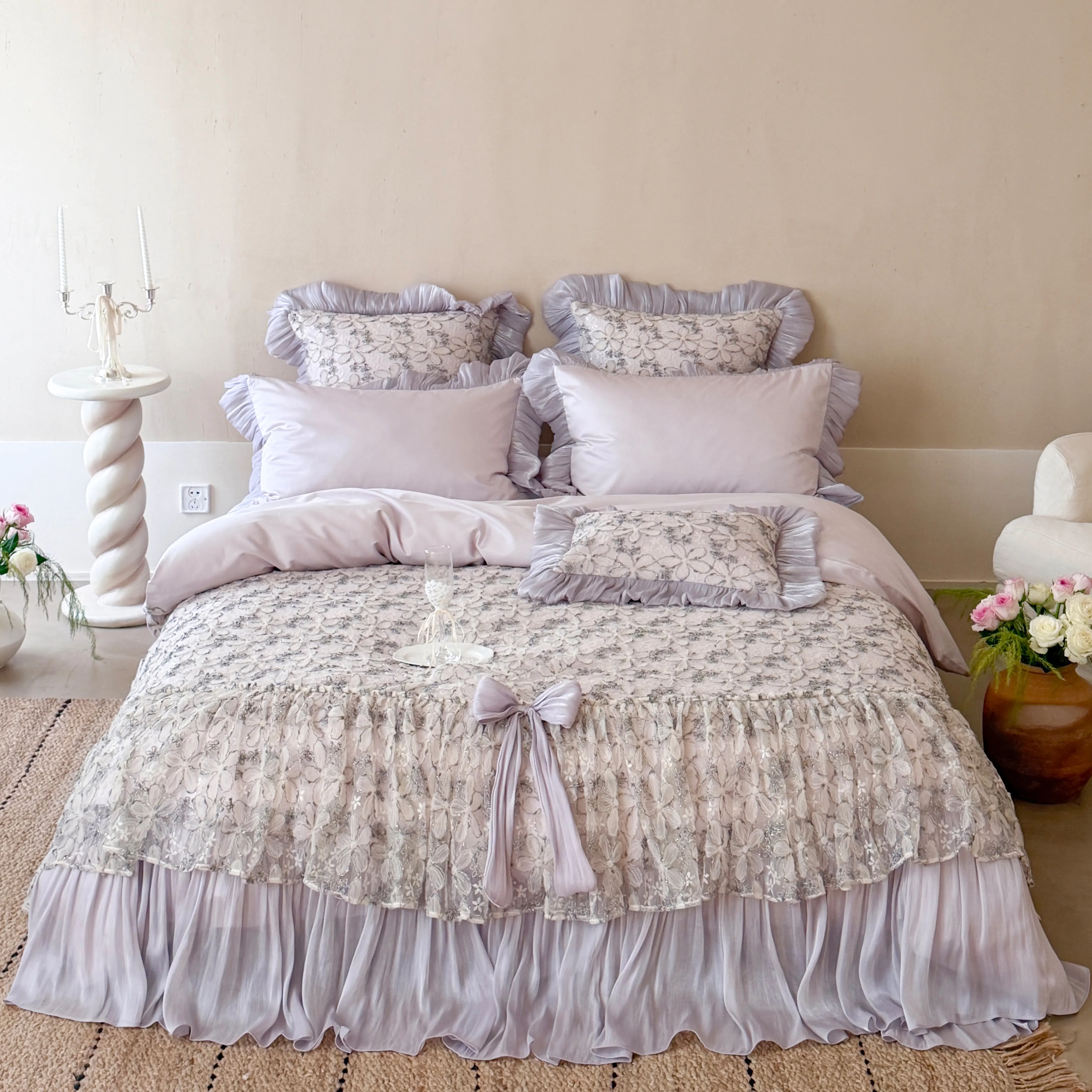 Victorian Coquette 3D Floral Lace 100s Double Ply Cotton Duvet Cover Set01