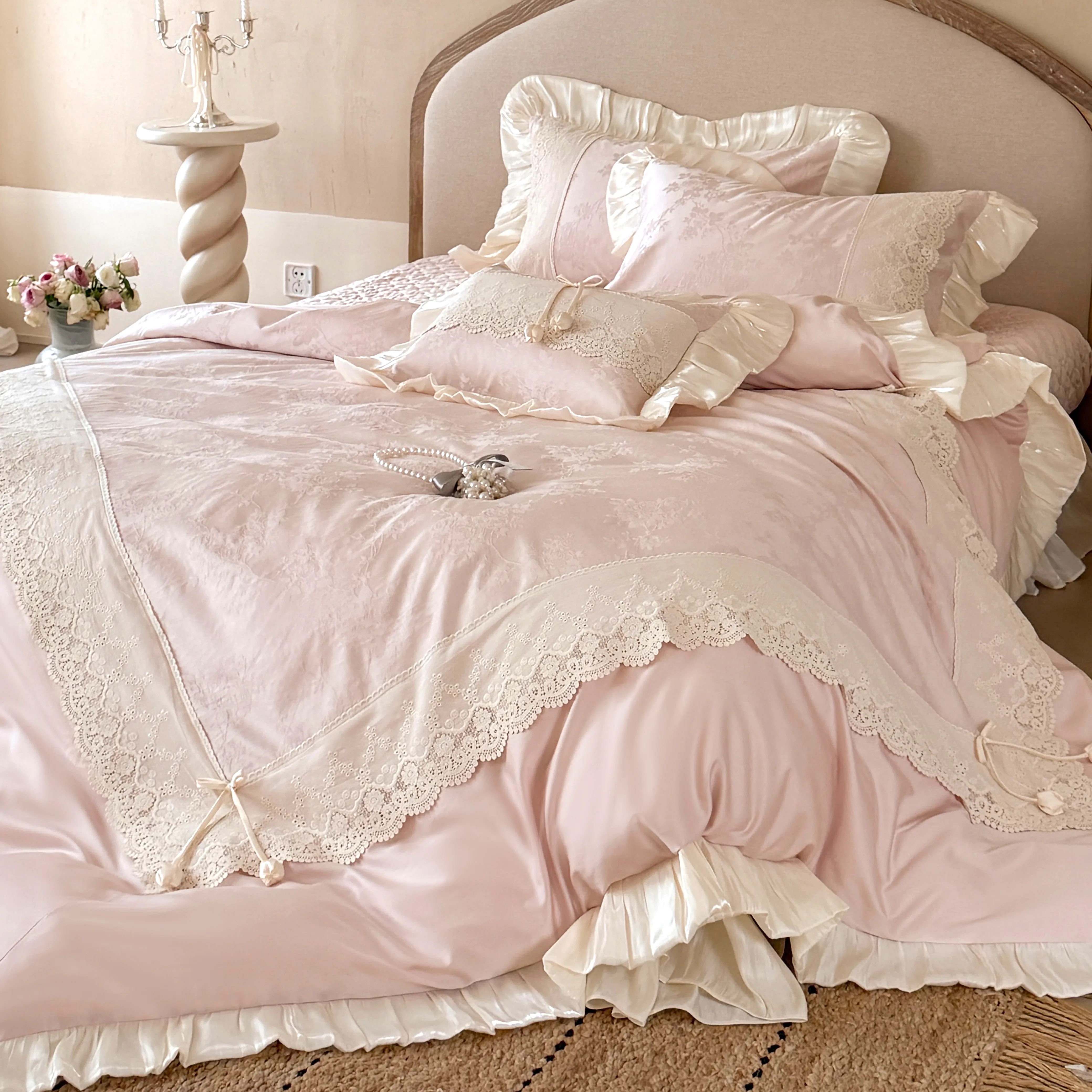 Vintage French Lace Embroidery Floral Jacquard Tencel Cotton Bedspread Set02