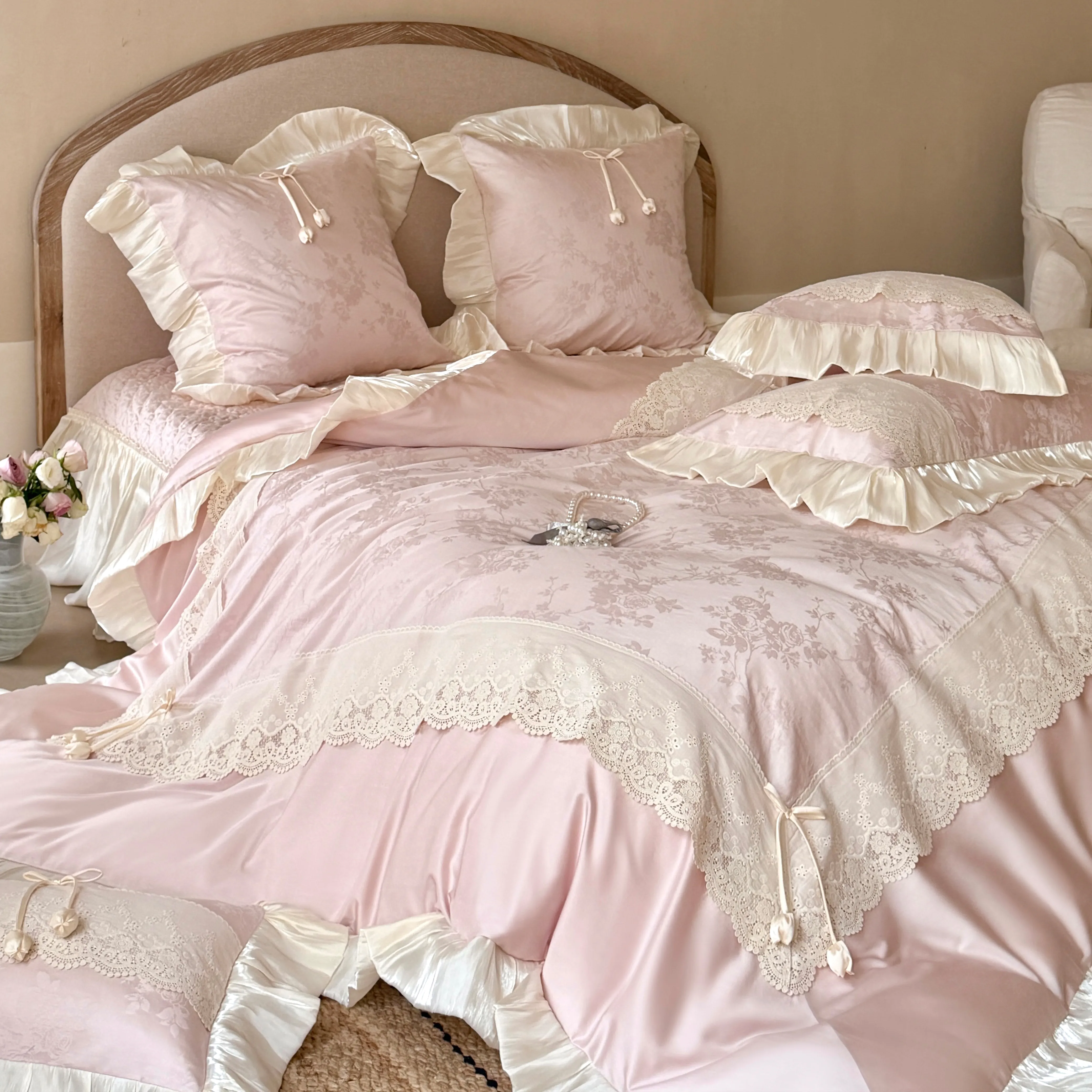 Vintage French Lace Embroidery Floral Jacquard Tencel Cotton Bedspread Set03 Vintage French Lace Embroidery Floral Jacquard Tencel Cotton Bedspread Set03