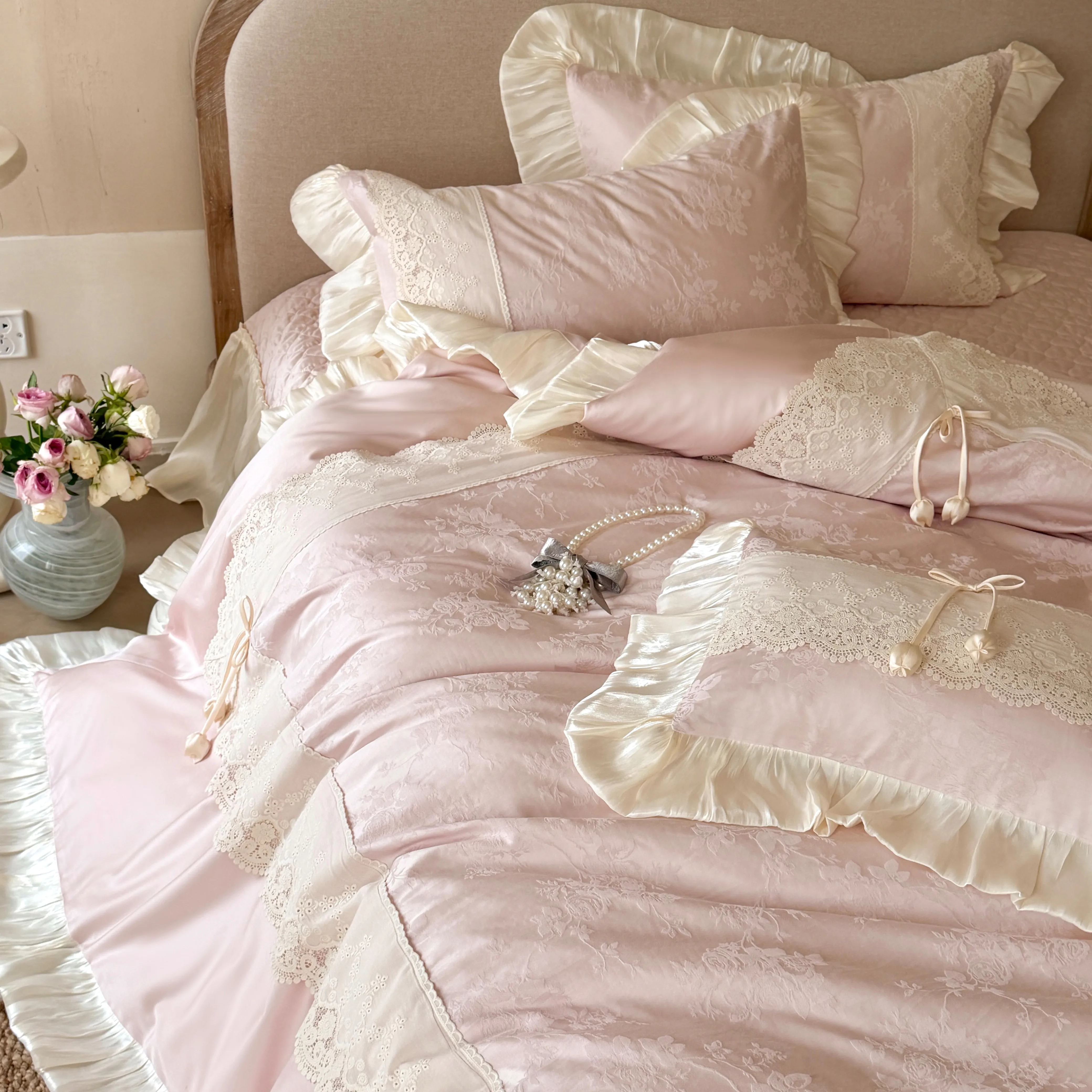 Vintage French Lace Embroidery Floral Jacquard Tencel Cotton Bedspread Set04 Vintage French Lace Embroidery Floral Jacquard Tencel Cotton Bedspread Set04