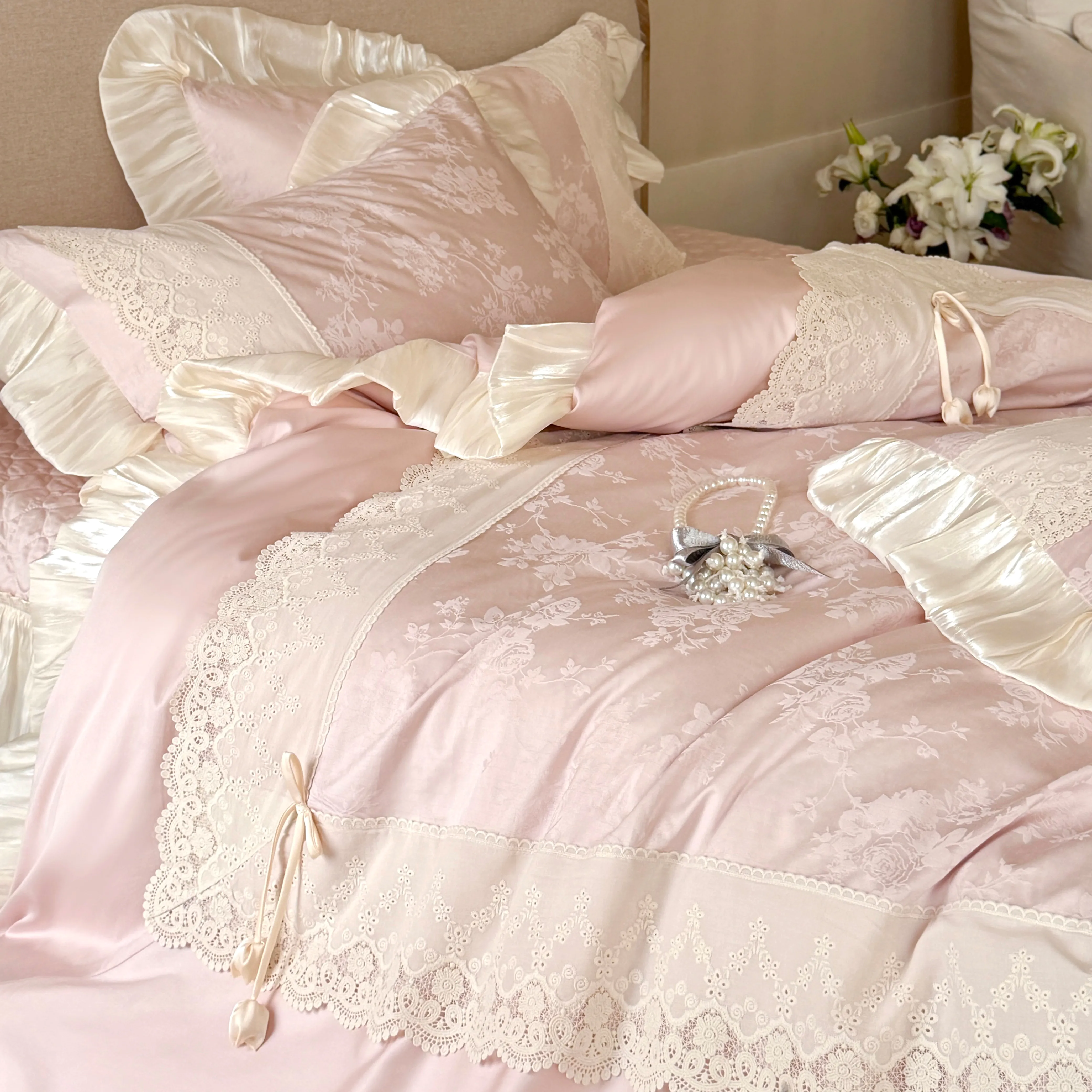 Vintage French Lace Embroidery Floral Jacquard Tencel Cotton Bedspread Set05 Vintage French Lace Embroidery Floral Jacquard Tencel Cotton Bedspread Set05