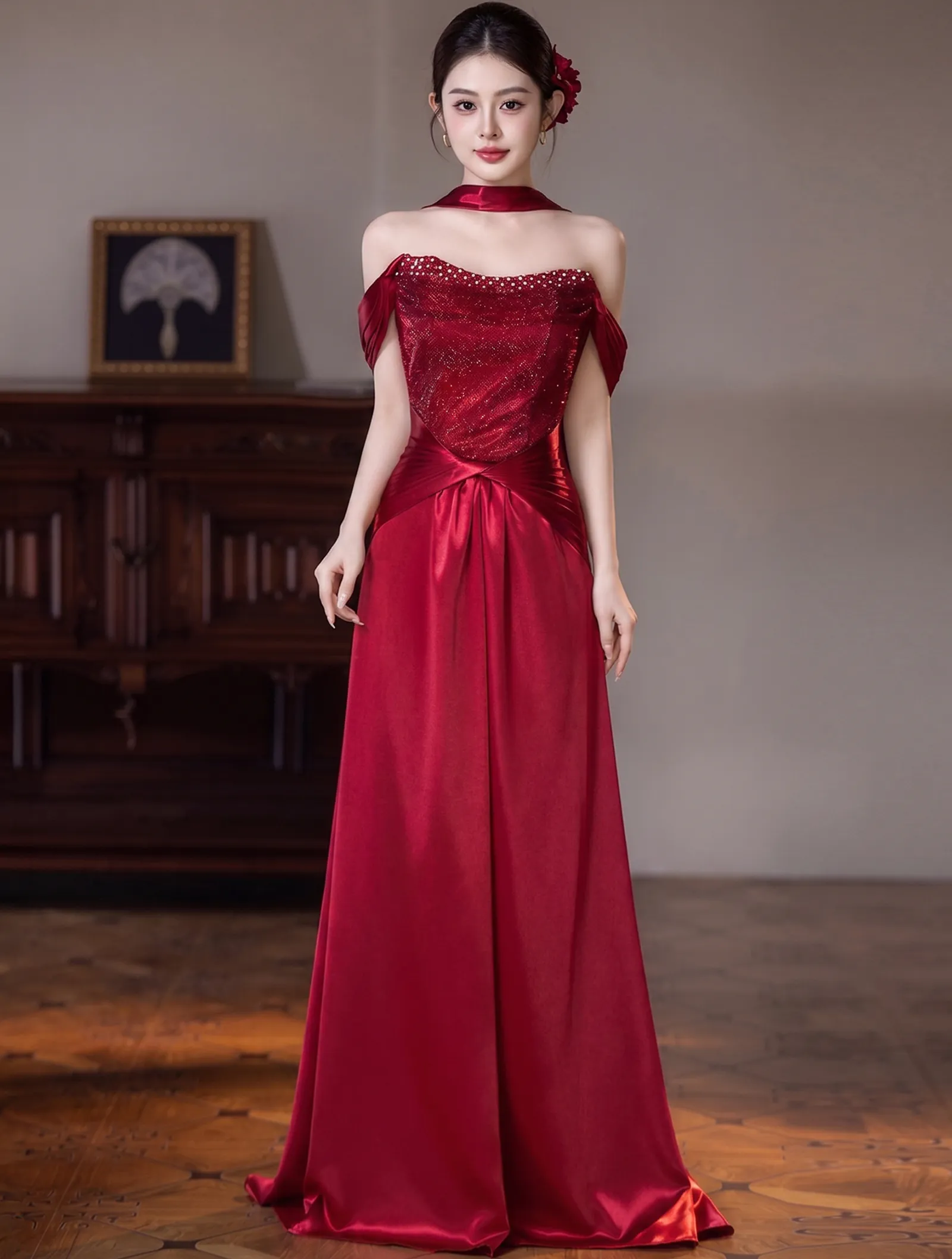 Vintage Glamour Ruby Red Off Shoulder Draped Sleeve Formal Evening Gown01