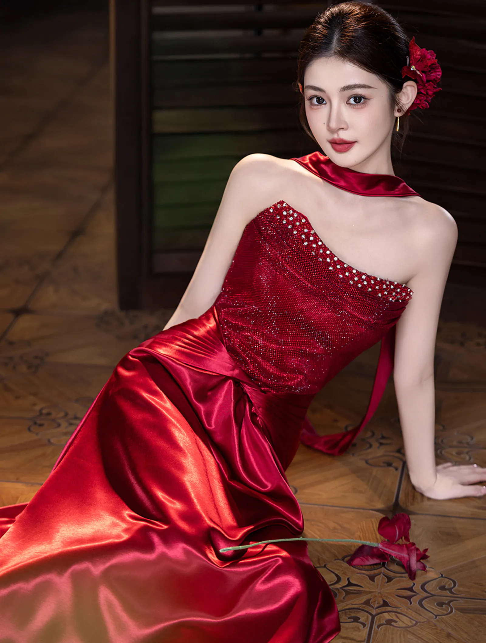 Vintage Glamour Ruby Red Off Shoulder Draped Sleeve Formal Evening Gown02