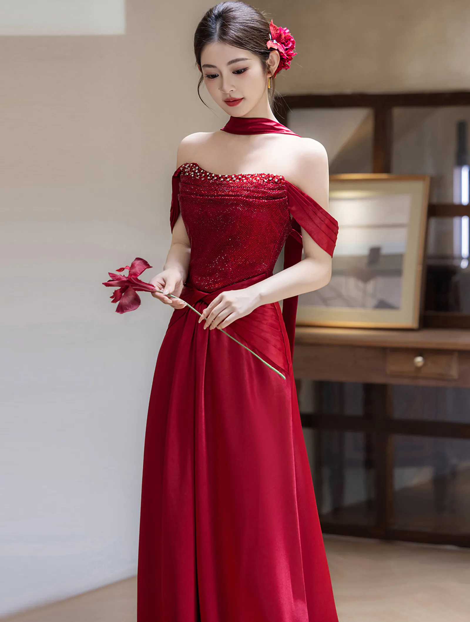 Vintage Glamour Ruby Red Off-Shoulder Draped Sleeve Formal Evening Gown03 Vintage Glamour Ruby Red Off Shoulder Draped Sleeve Formal Evening Gown03
