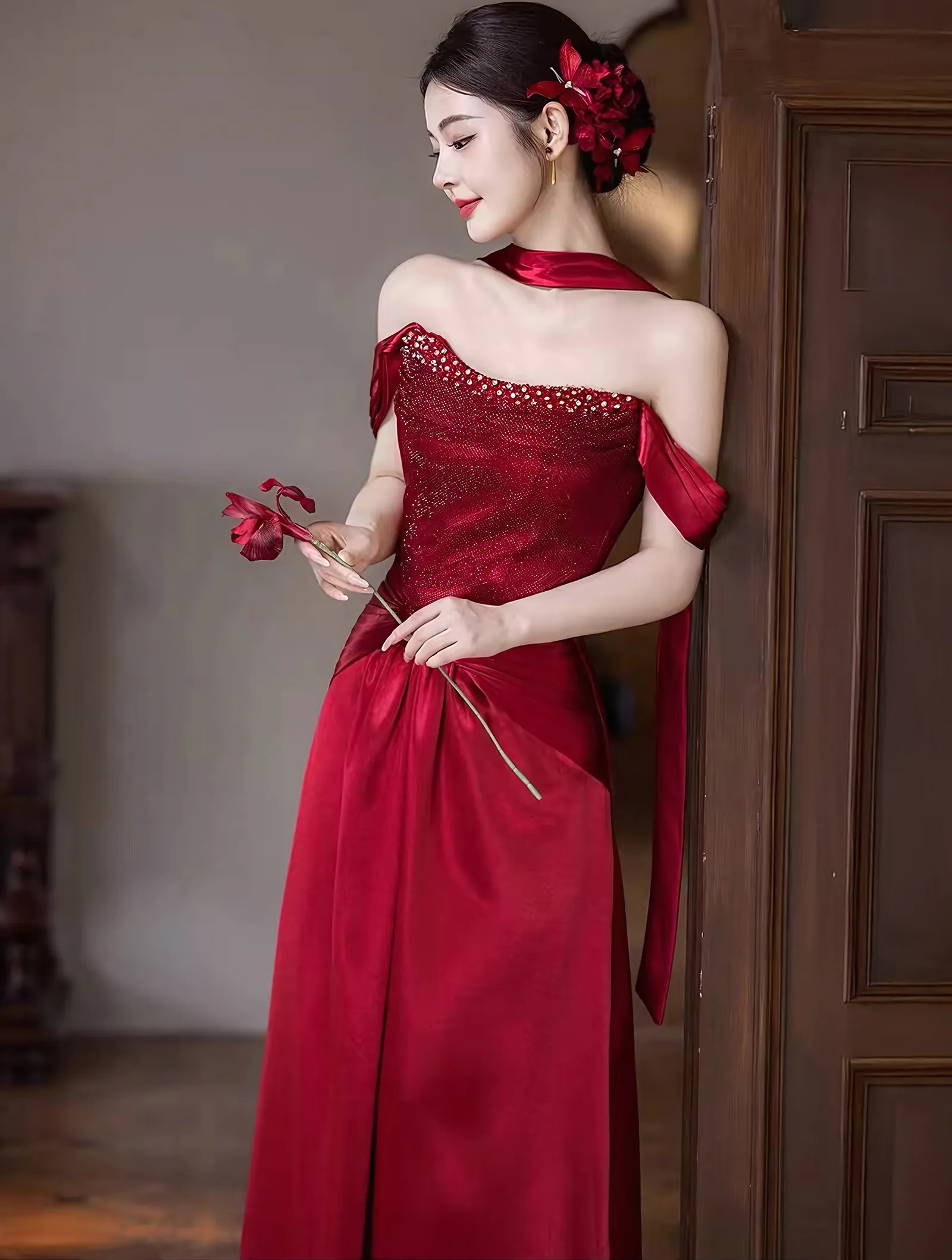 Vintage Glamour Ruby Red Off-Shoulder Draped Sleeve Formal Evening Gown04 Vintage Glamour Ruby Red Off Shoulder Draped Sleeve Formal Evening Gown04
