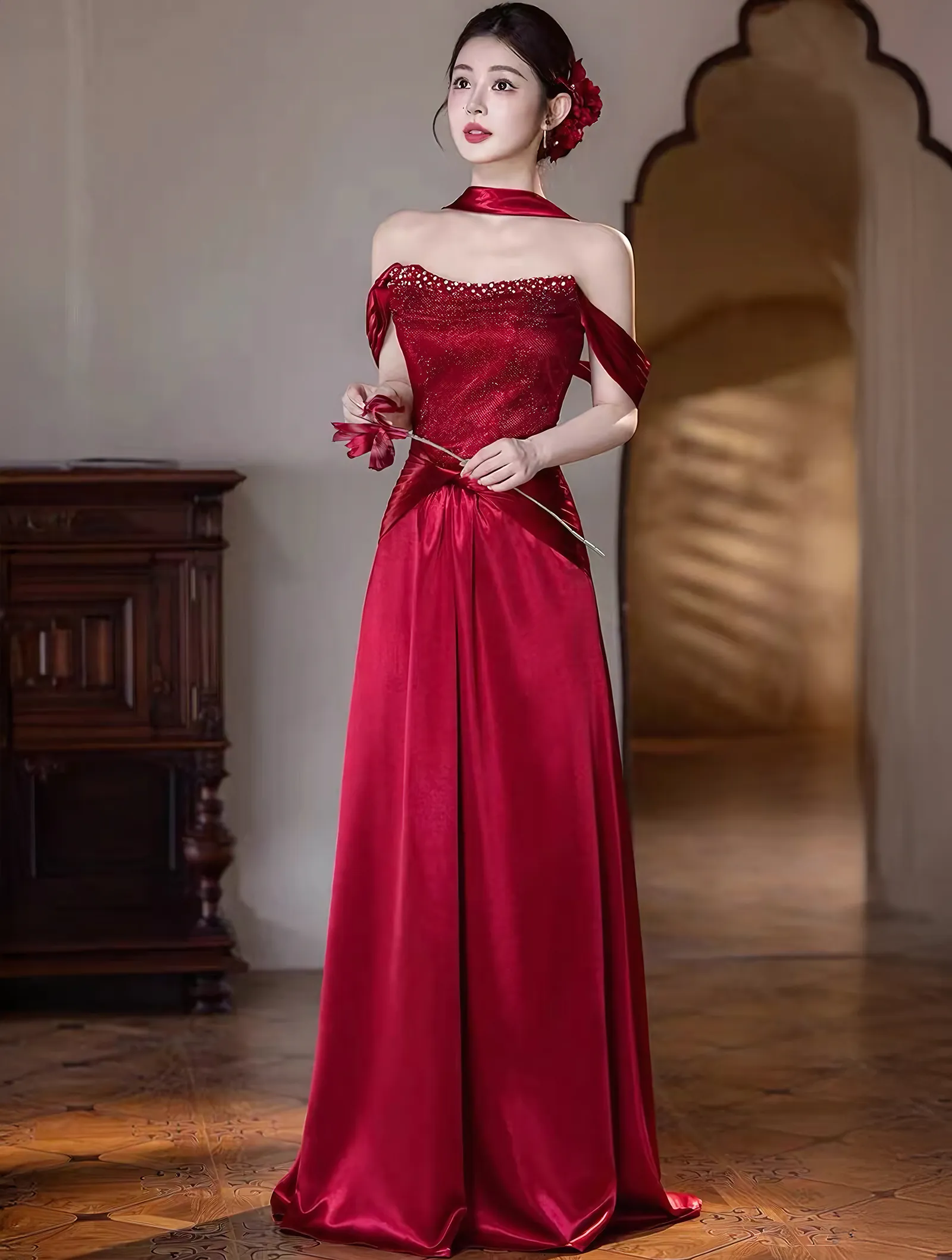 Vintage Glamour Ruby Red Off-Shoulder Draped Sleeve Formal Evening Gown05 Vintage Glamour Ruby Red Off Shoulder Draped Sleeve Formal Evening Gown05
