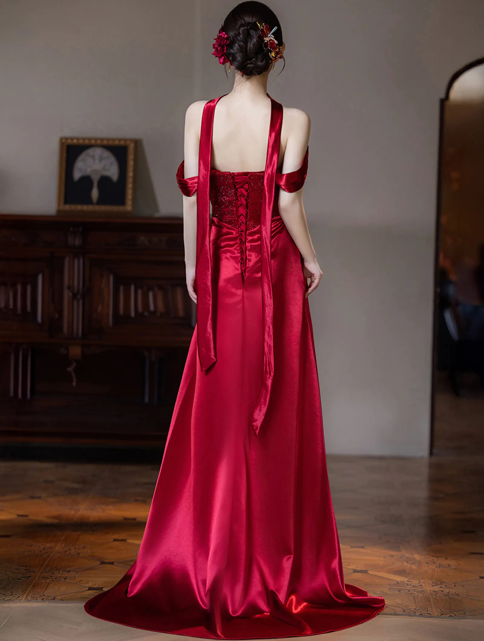 Vintage Glamour Ruby Red Off-Shoulder Draped Sleeve Formal Evening Gown06 Vintage Glamour Ruby Red Off Shoulder Draped Sleeve Formal Evening Gown06