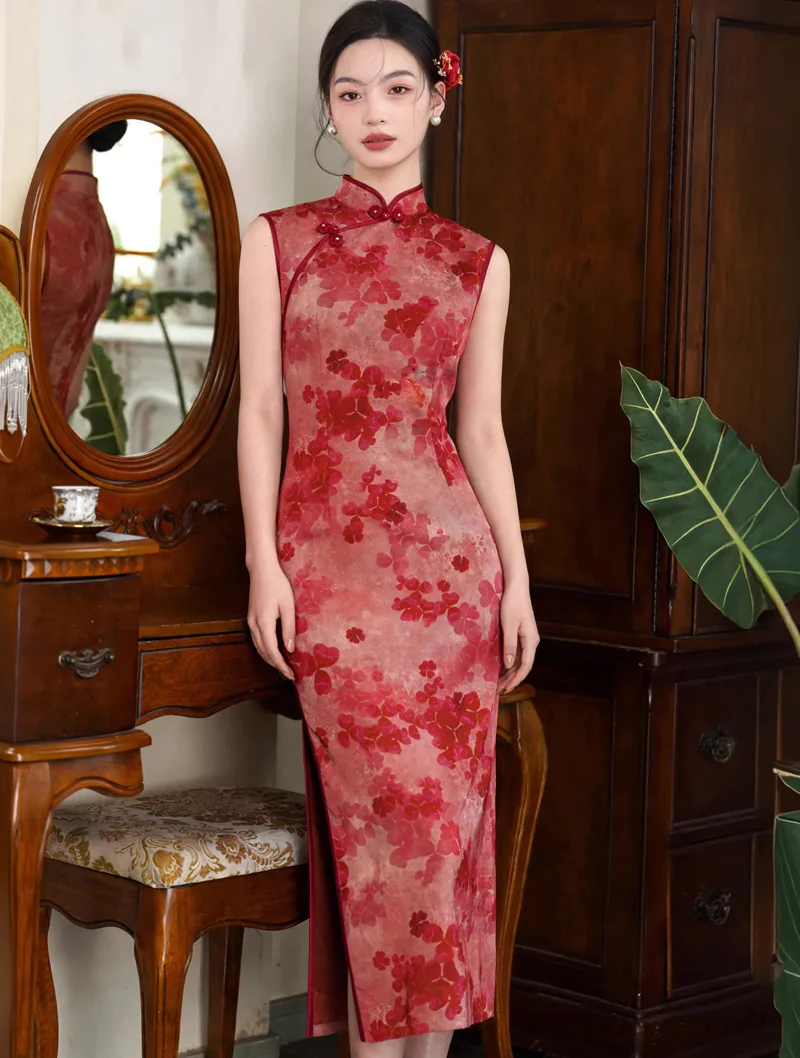 Vintage Oriental Sleeveless Crimson Red Hydrangea Jacquard Qipao Dress01