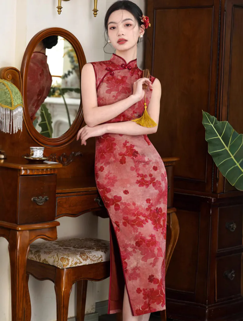 Vintage Oriental Sleeveless Crimson Red Hydrangea Jacquard Qipao Dress02